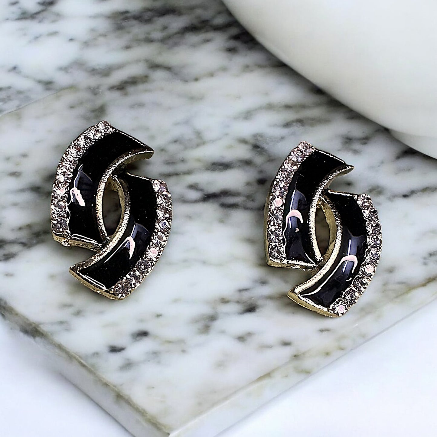 Stone Studded Twin-C Studs Black Earrings casuals Ear Rings Earrings ethnic office party Trincket Jewellry Jewelry Jewellery