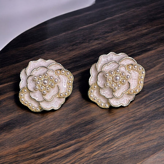 Beady Enamel Flower Studs - Ethnic Elegance White Earrings bead casuals Ear Rings Earrings ethnic office party Trincket Jewellry Jewelry Jewellery