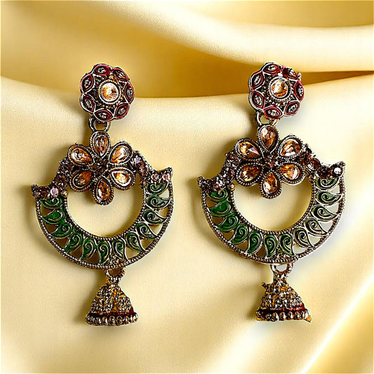 Traditional Chaandbaali Jhumki Earrings dark green Earrings Ear Rings Earrings ethnic Trincket Jewellry Jewelry Jewellery