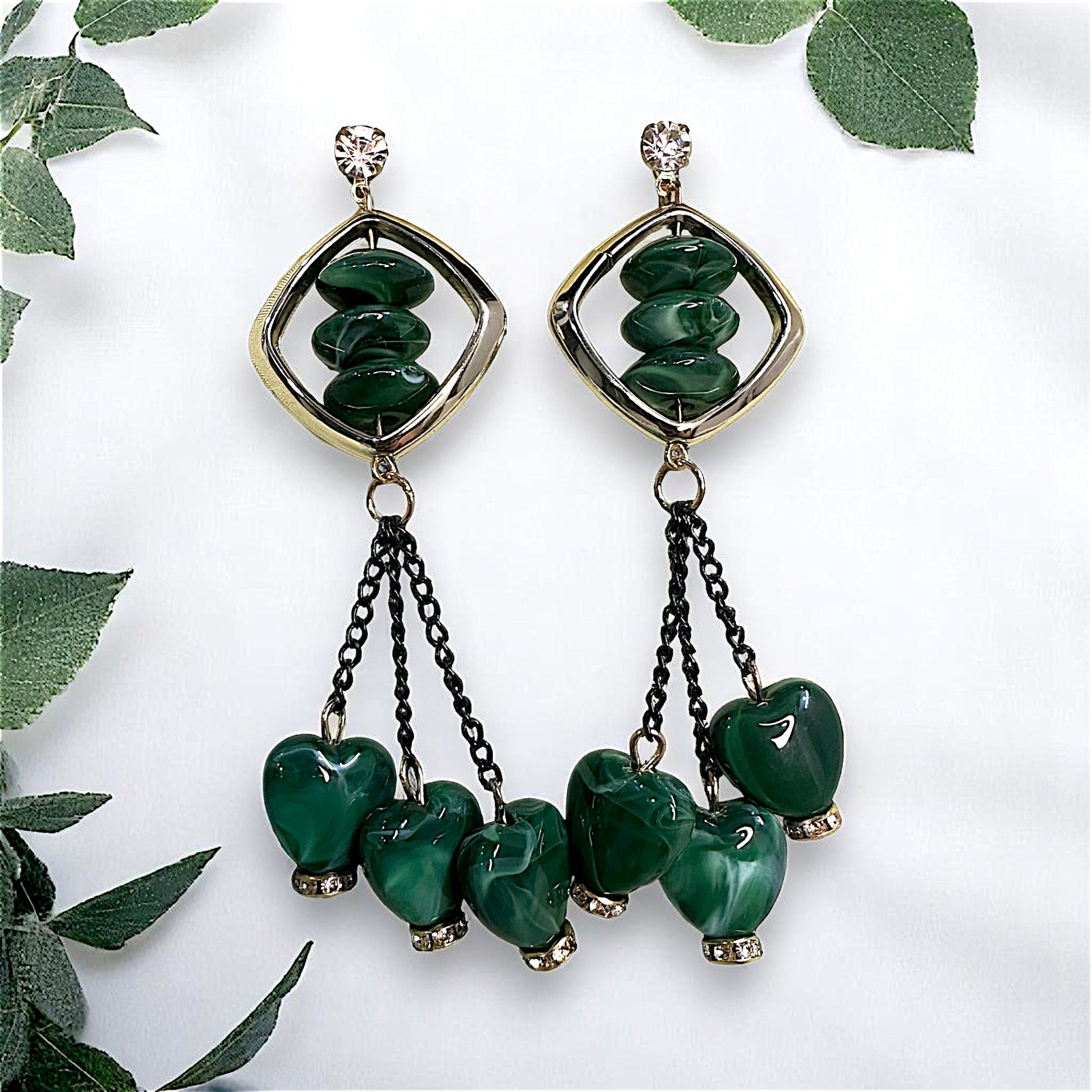 Heart shaped Beads, Long length Dangles dark green Earrings bead Ear Rings Earrings party Trincket Jewellry Jewelry Jewellery