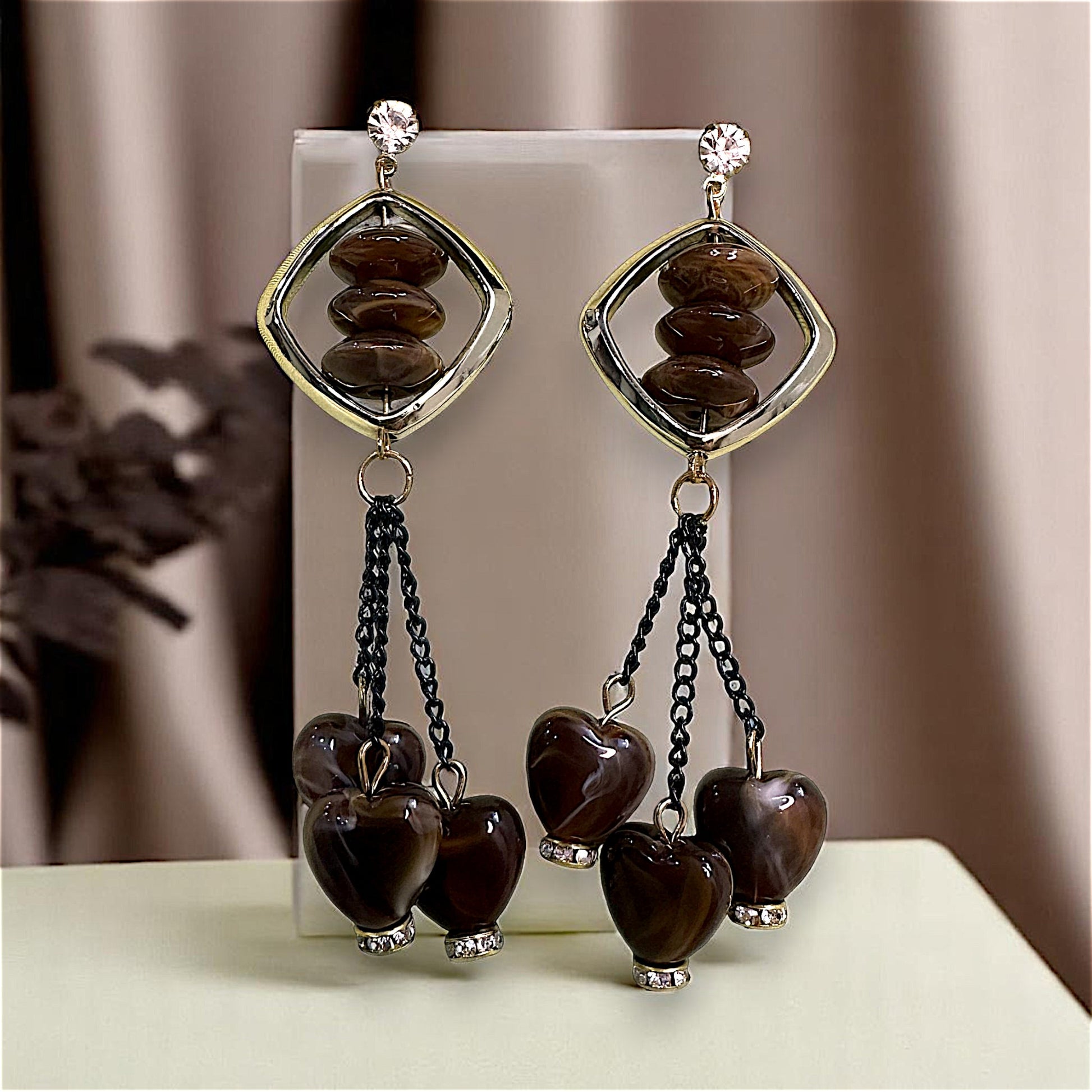 Heart shaped Beads, Long length Dangles Brown Earrings bead Ear Rings Earrings party Trincket Jewellry Jewelry Jewellery