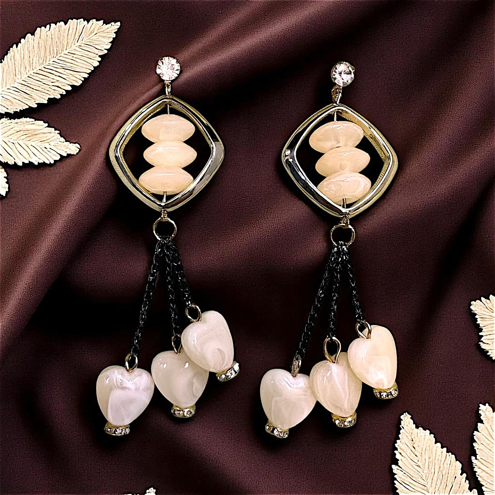 Heart shaped Beads, Long length Dangles Cream Earrings bead Ear Rings Earrings party Trincket Jewellry Jewelry Jewellery