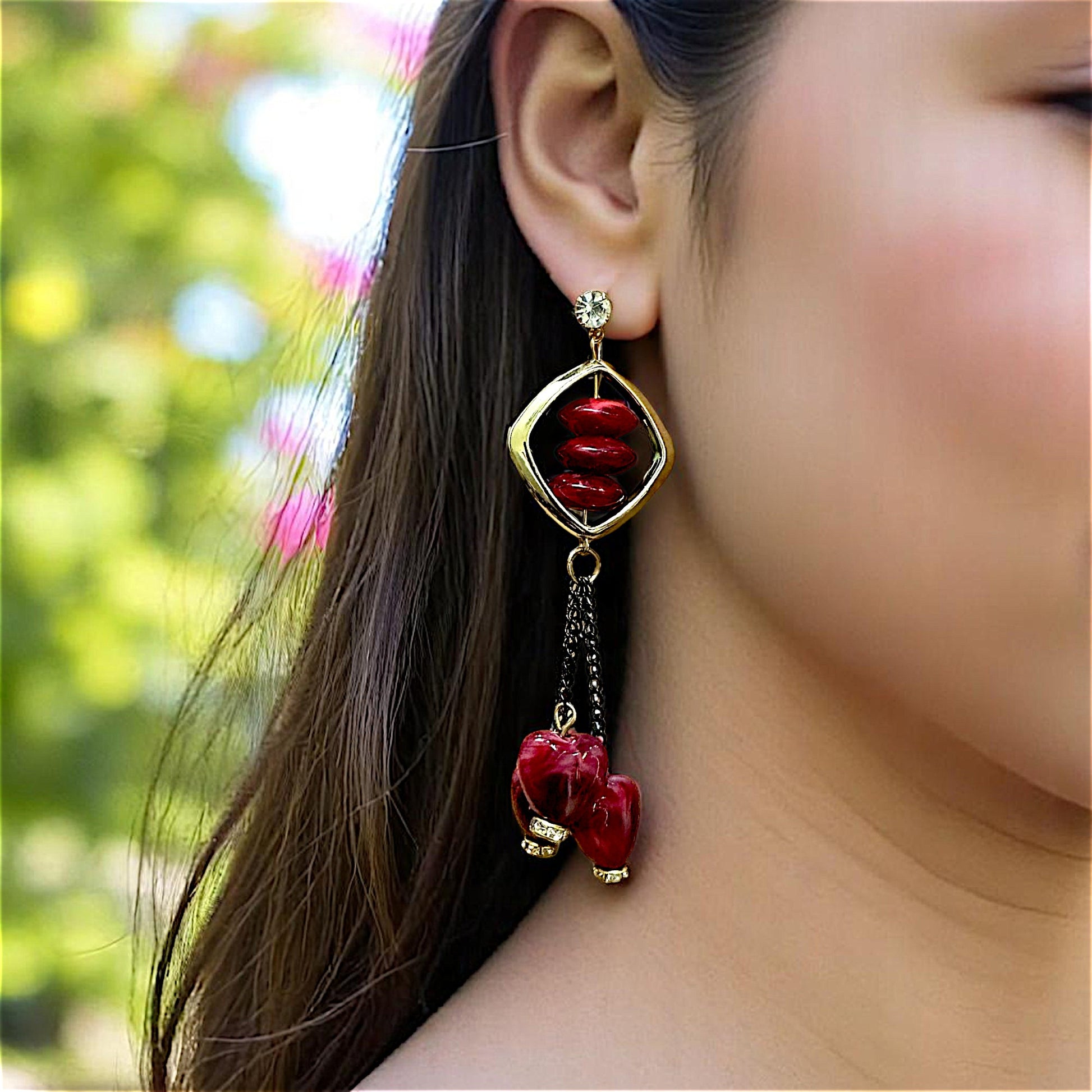 Heart shaped Beads, Long length Dangles Maroon Earrings bead Ear Rings Earrings party Trincket Jewellry Jewelry Jewellery