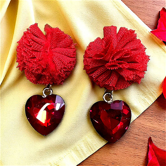 Ruffle Pom pom and Glass Stone Earrings Red Earrings Ear Rings Earrings party Trincket Jewellry Jewelry Jewellery