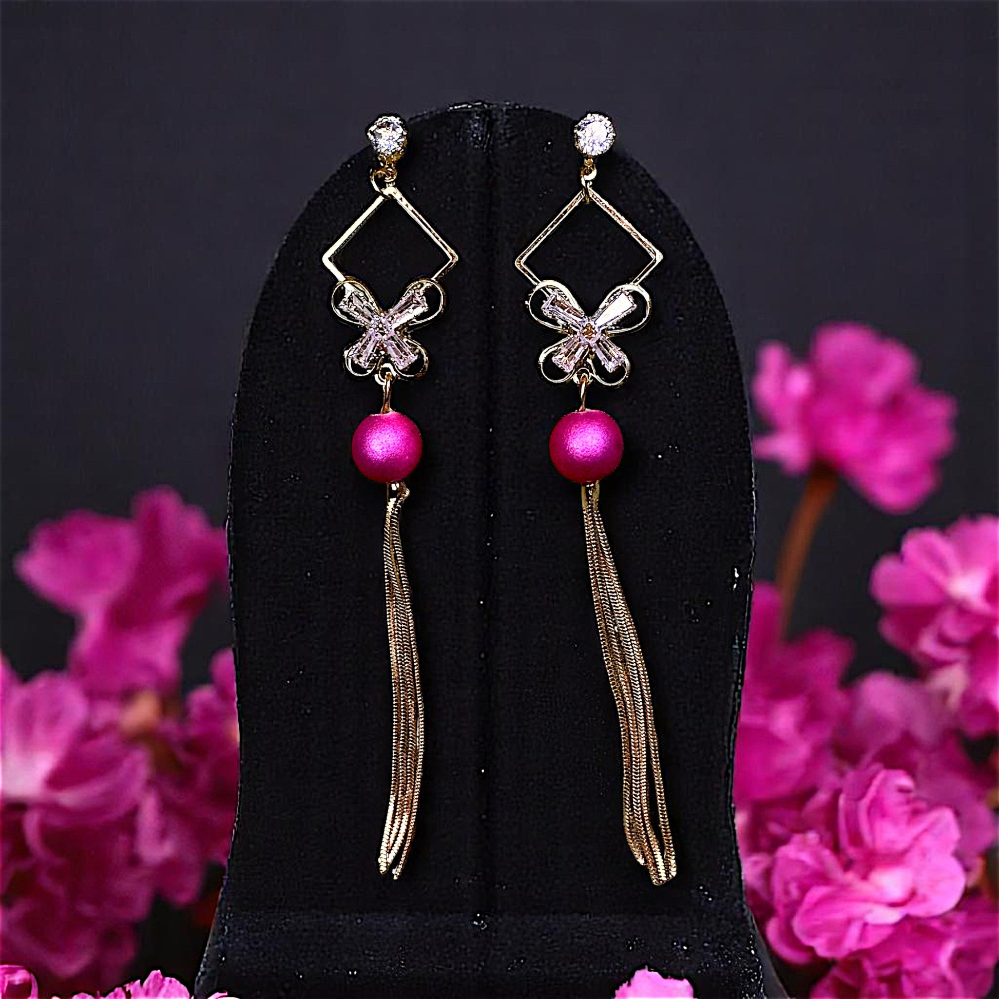 Single Bead Danglers Magenta Earrings AD bead Ear Rings Earrings party Trincket Jewellry Jewelry Jewellery