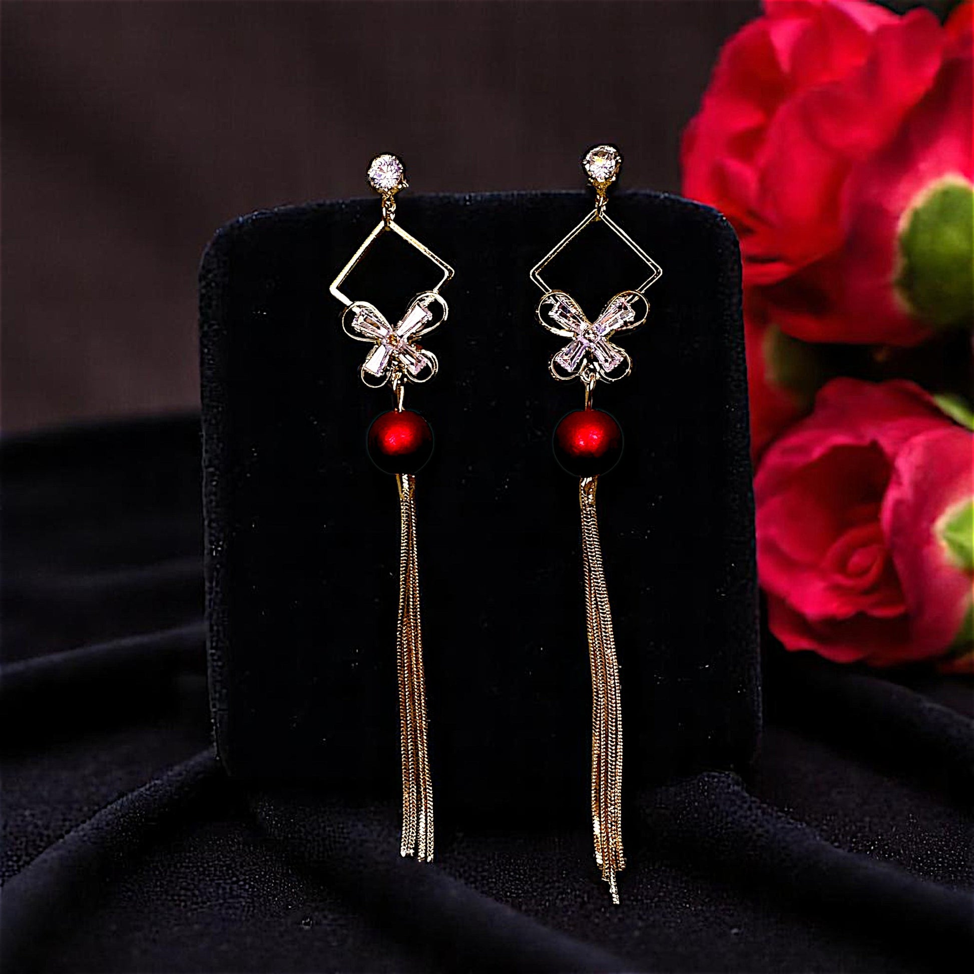 Single Bead Danglers Red Earrings AD bead Ear Rings Earrings party Trincket Jewellry Jewelry Jewellery