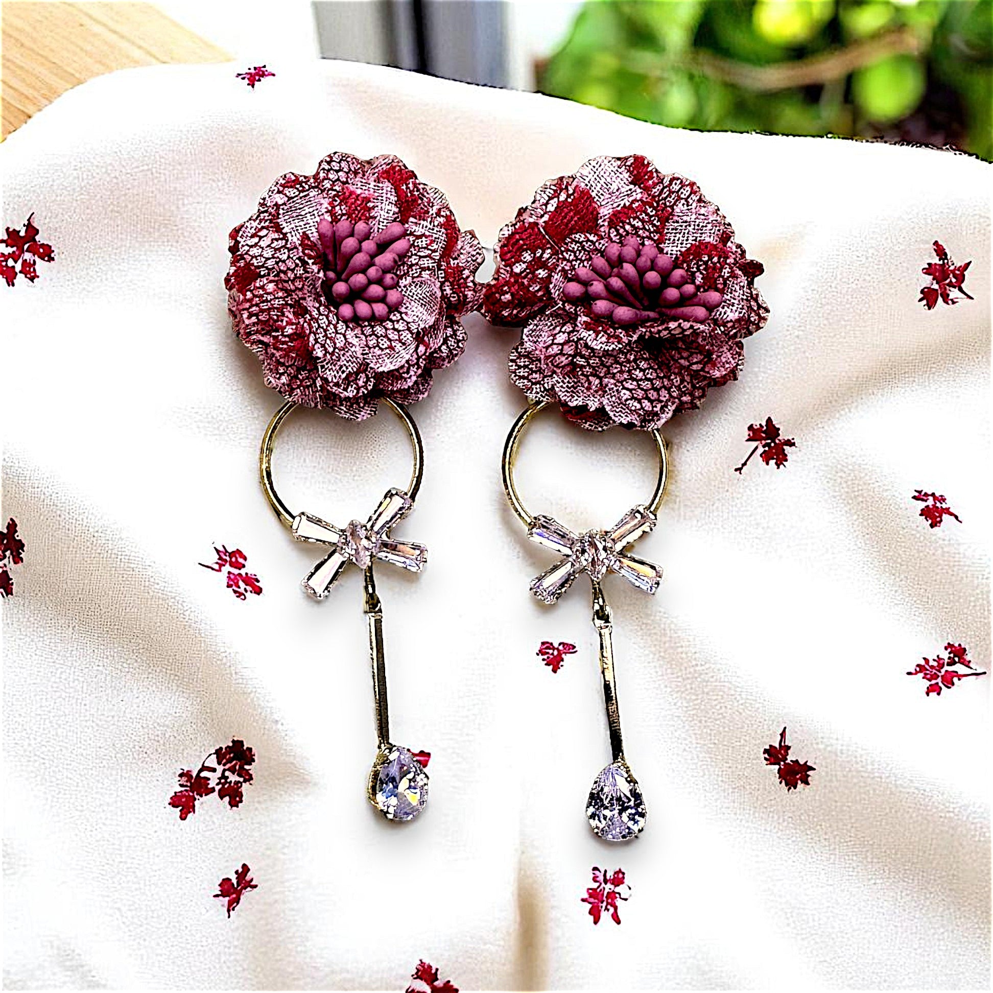 Ruffle Flower Earrings Red Earrings AD Ear Rings Earrings party Trincket Jewellry Jewelry Jewellery
