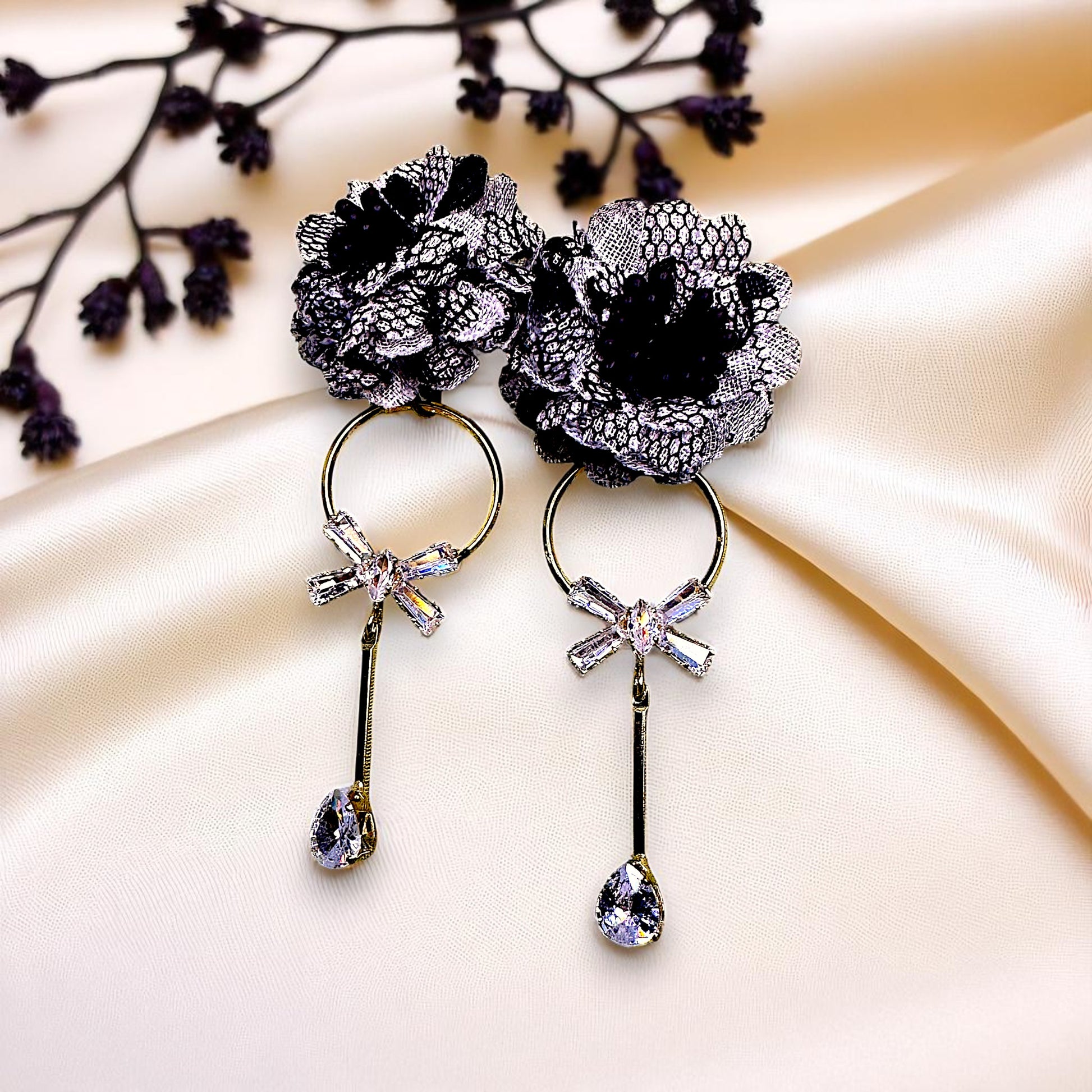 Ruffle Flower Earrings Black Earrings AD Ear Rings Earrings party Trincket Jewellry Jewelry Jewellery