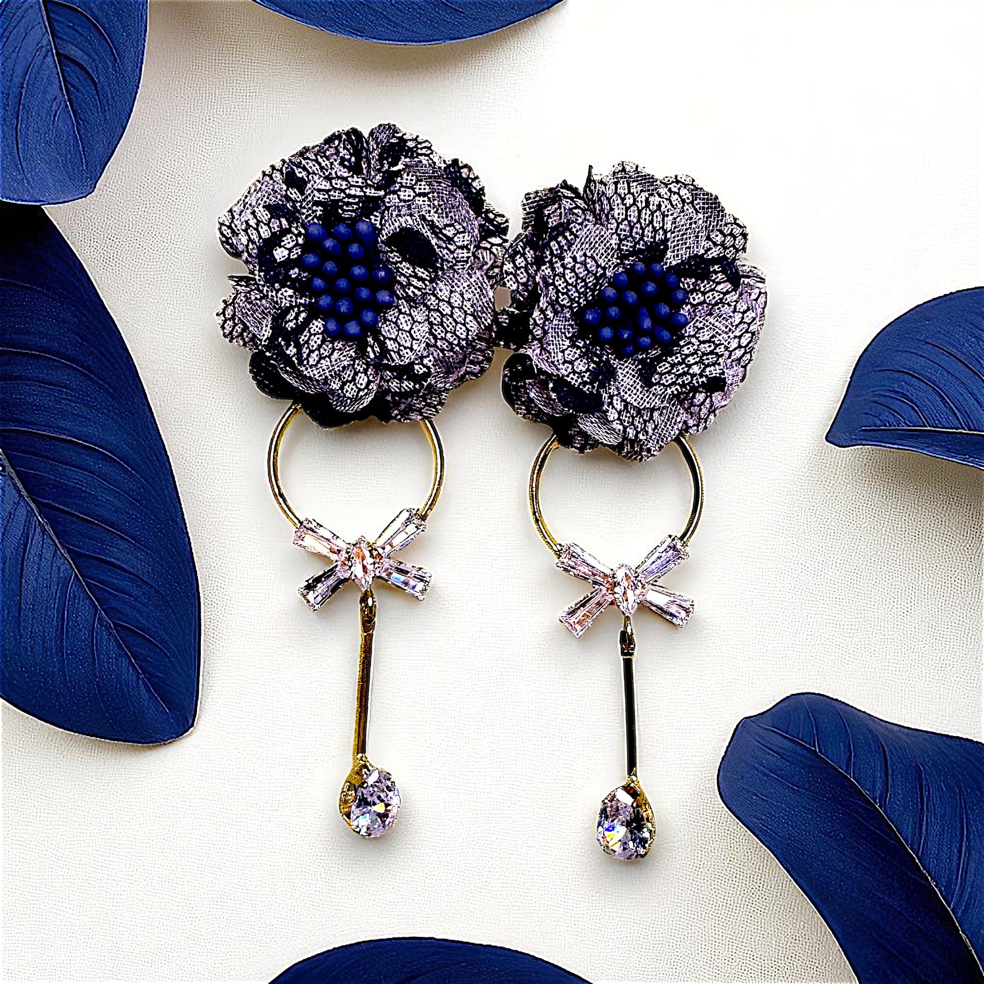 Ruffle Flower Earrings Dark Blue Earrings AD Ear Rings Earrings party Trincket Jewellry Jewelry Jewellery
