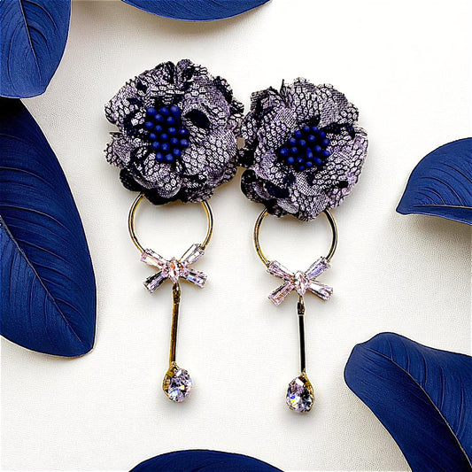 Ruffle Flower Earrings Dark Blue Earrings AD Ear Rings Earrings party Trincket Jewellry Jewelry Jewellery