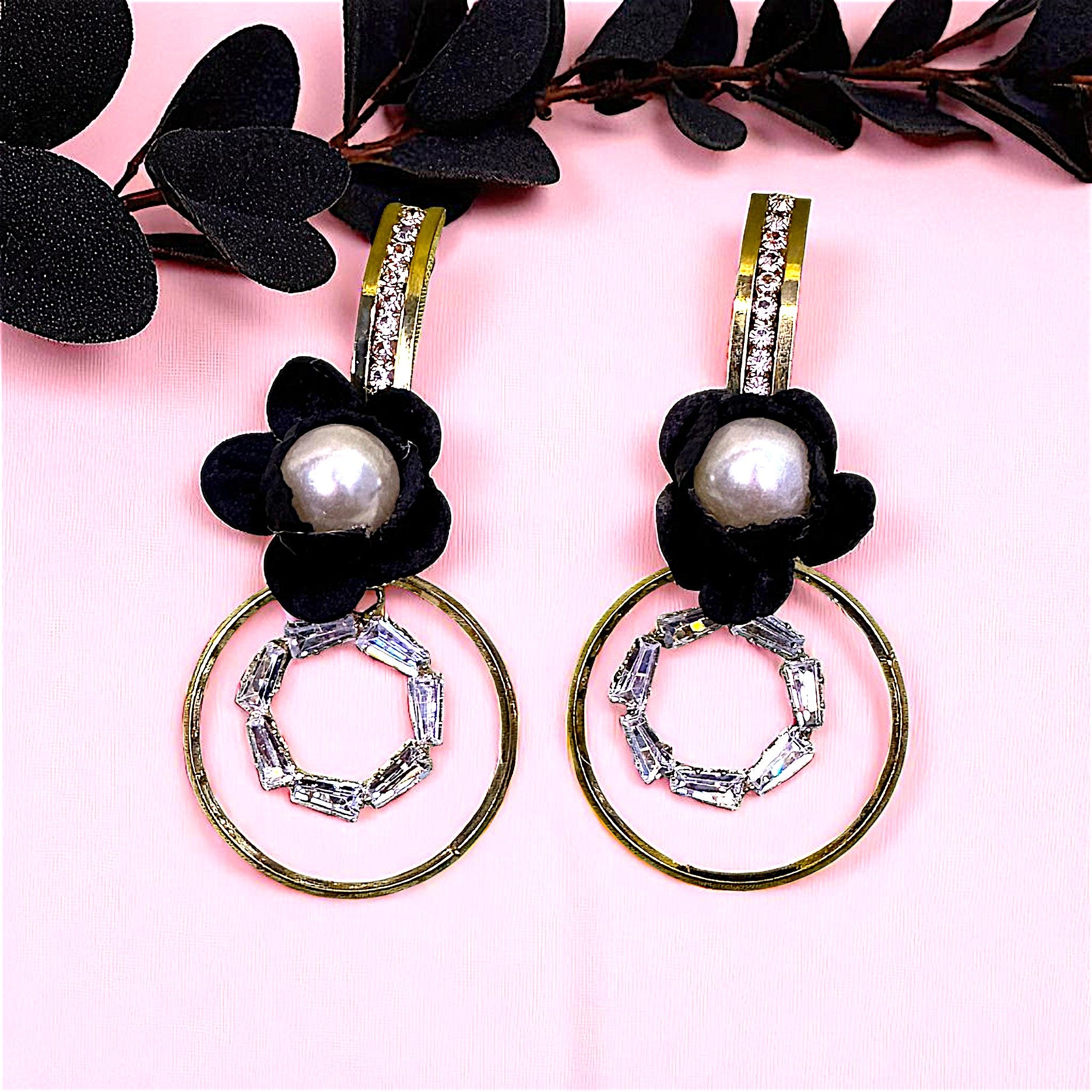 AD Stone Flower Earrings Black Earrings AD Ear Rings Earrings party Trincket Jewellry Jewelry Jewellery