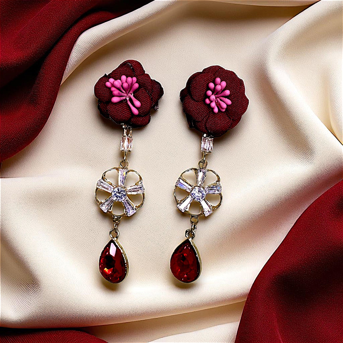 Flower Earrings with Glass Beads Maroon Earrings AD Ear Rings Earrings party Trincket Jewellry Jewelry Jewellery