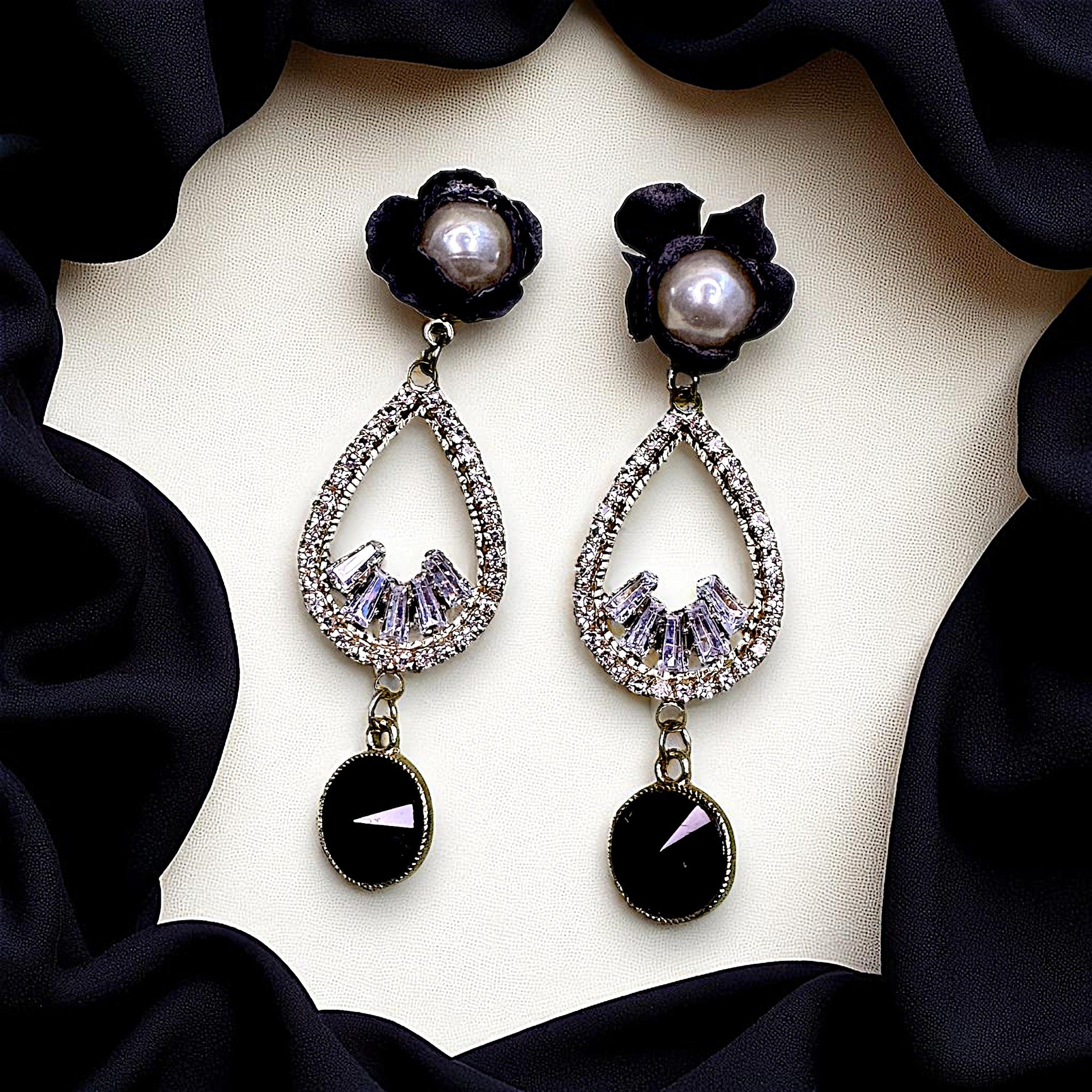 Flower And AD Earrings Black Earrings AD Ear Rings Earrings party Trincket Jewellry Jewelry Jewellery