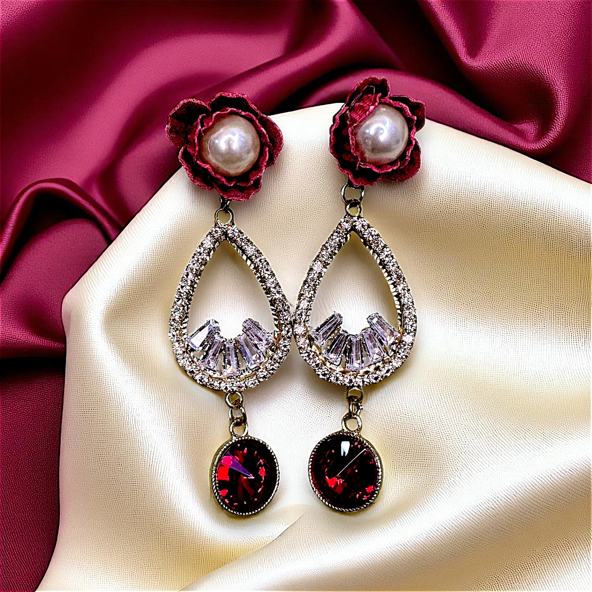 Flower And AD Earrings Red Earrings AD Ear Rings Earrings party Trincket Jewellry Jewelry Jewellery