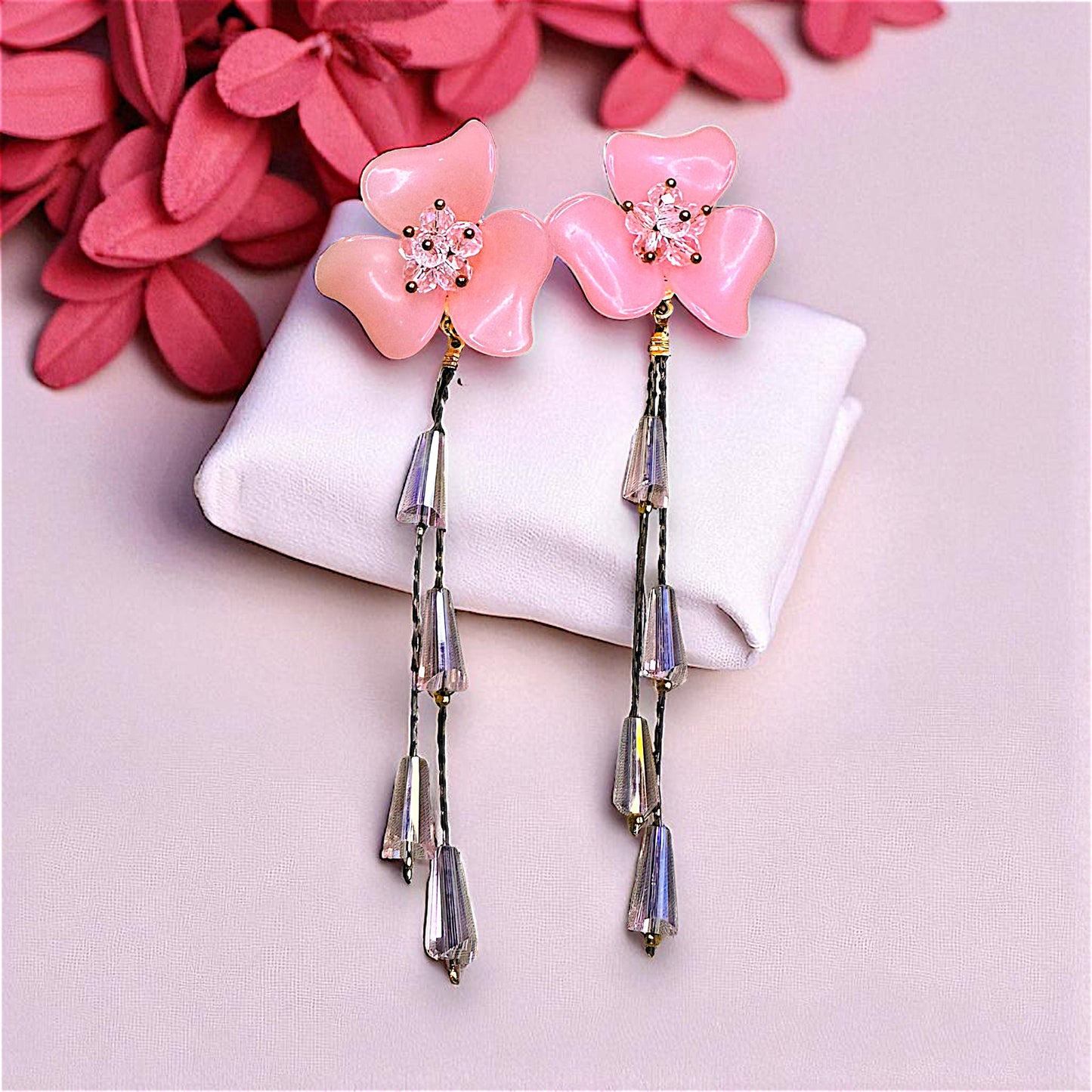 Big flower Earrings with Rice Stones Pink Earrings bead Ear Rings Earrings party Trincket Jewellry Jewelry Jewellery
