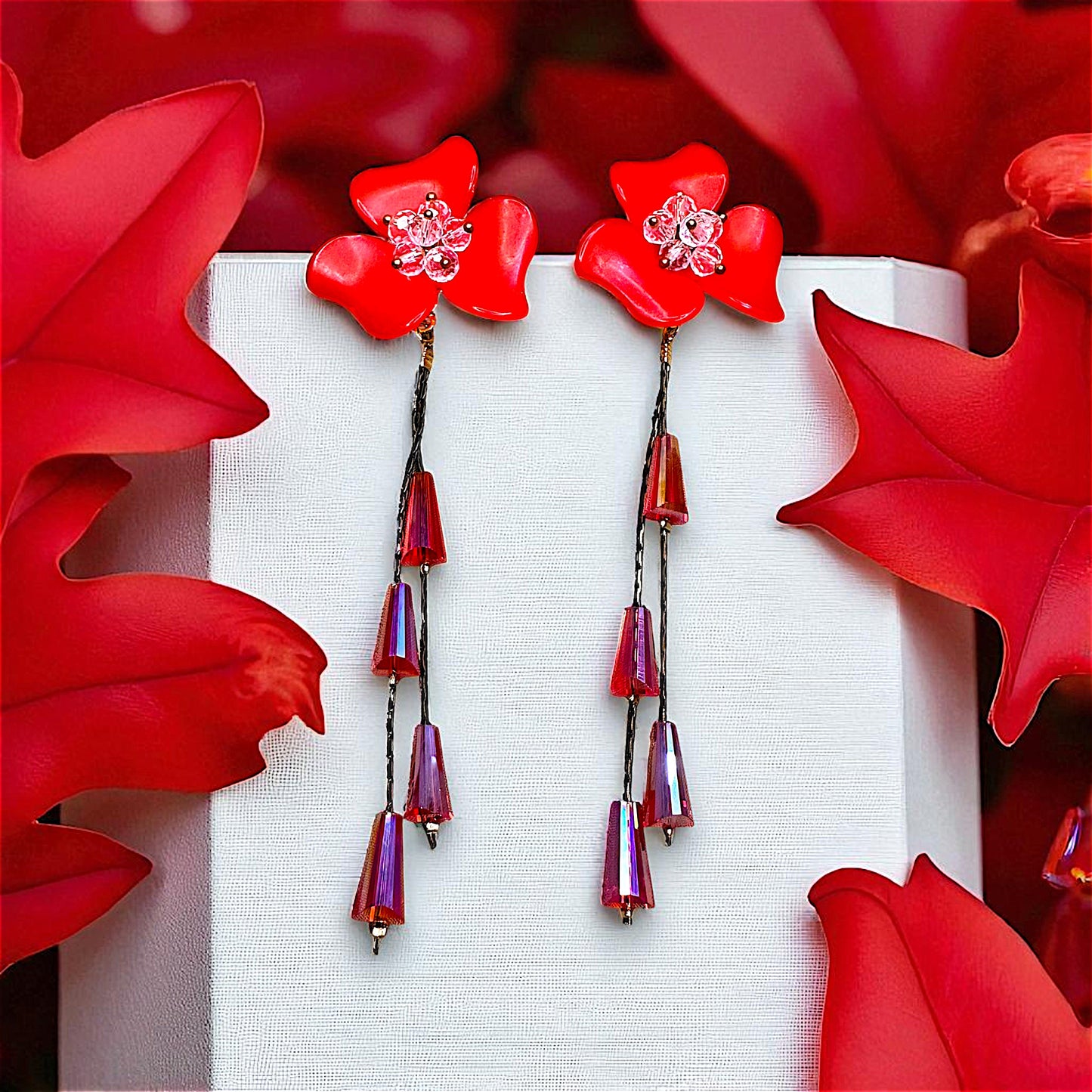 Big flower Earrings with Rice Stones Red Earrings bead Ear Rings Earrings party Trincket Jewellry Jewelry Jewellery
