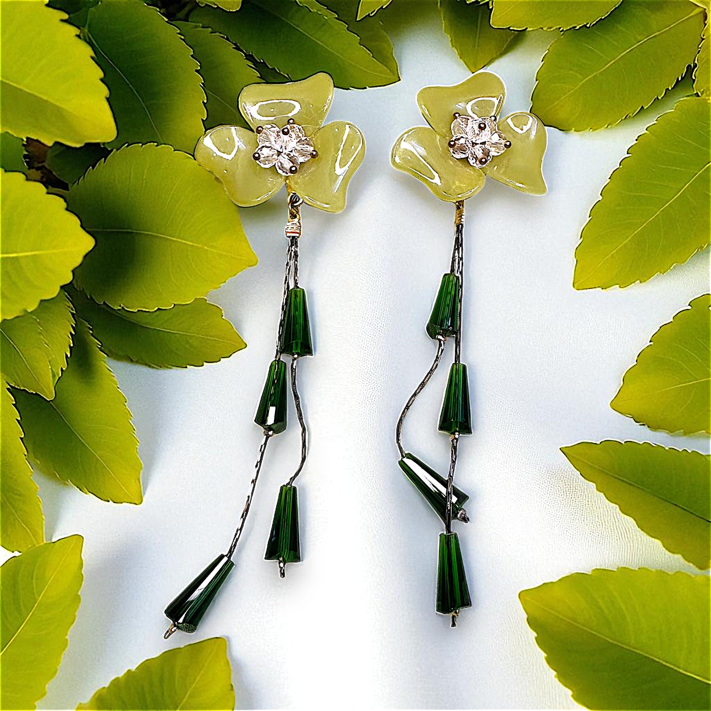 Big flower Earrings with Rice Stones Green Earrings bead Ear Rings Earrings party Trincket Jewellry Jewelry Jewellery