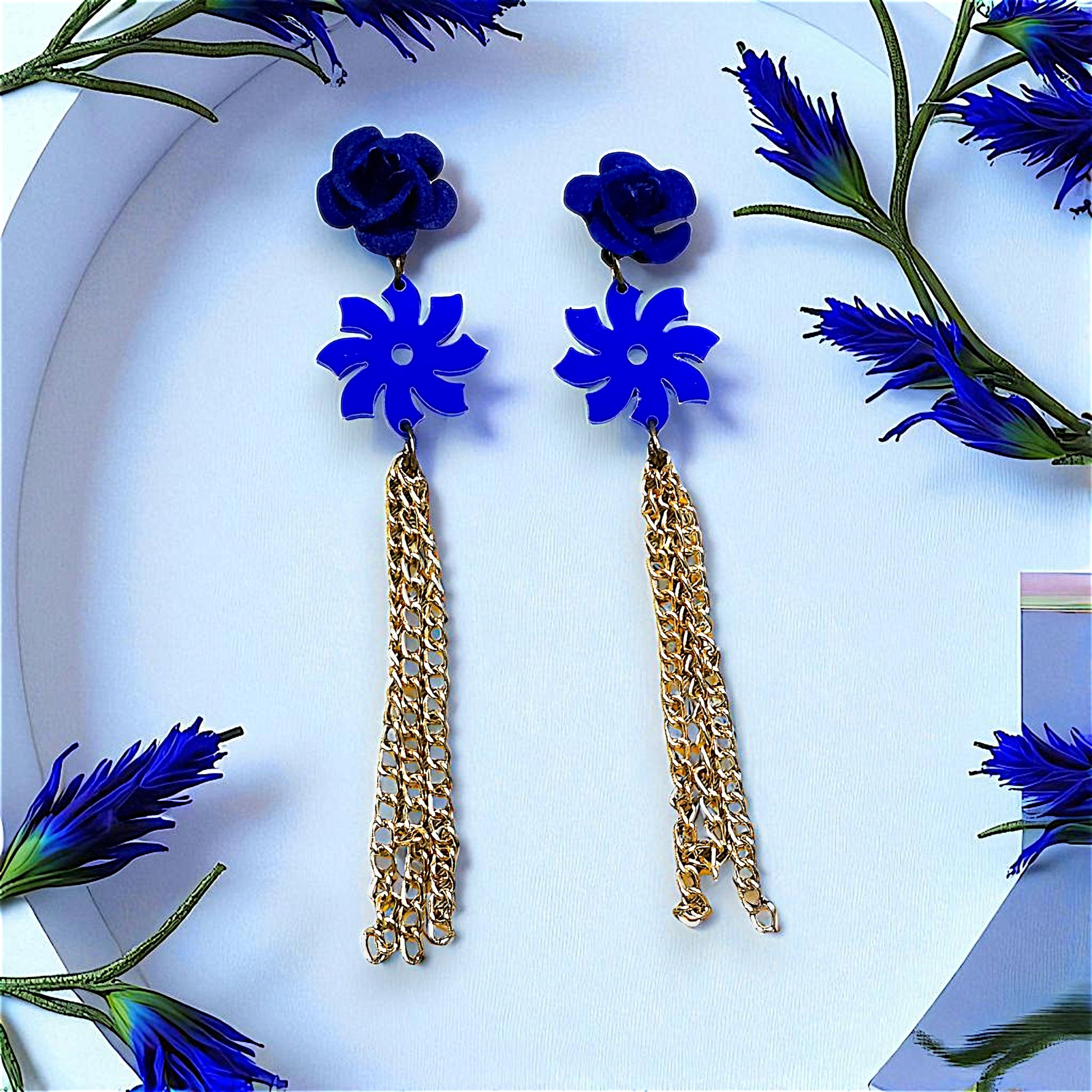 Bloom in Style: Double Flower Earrings for Daily Chic Dark Blue Earrings casuals Ear Rings Earrings office party Trincket Jewellry Jewelry Jewellery