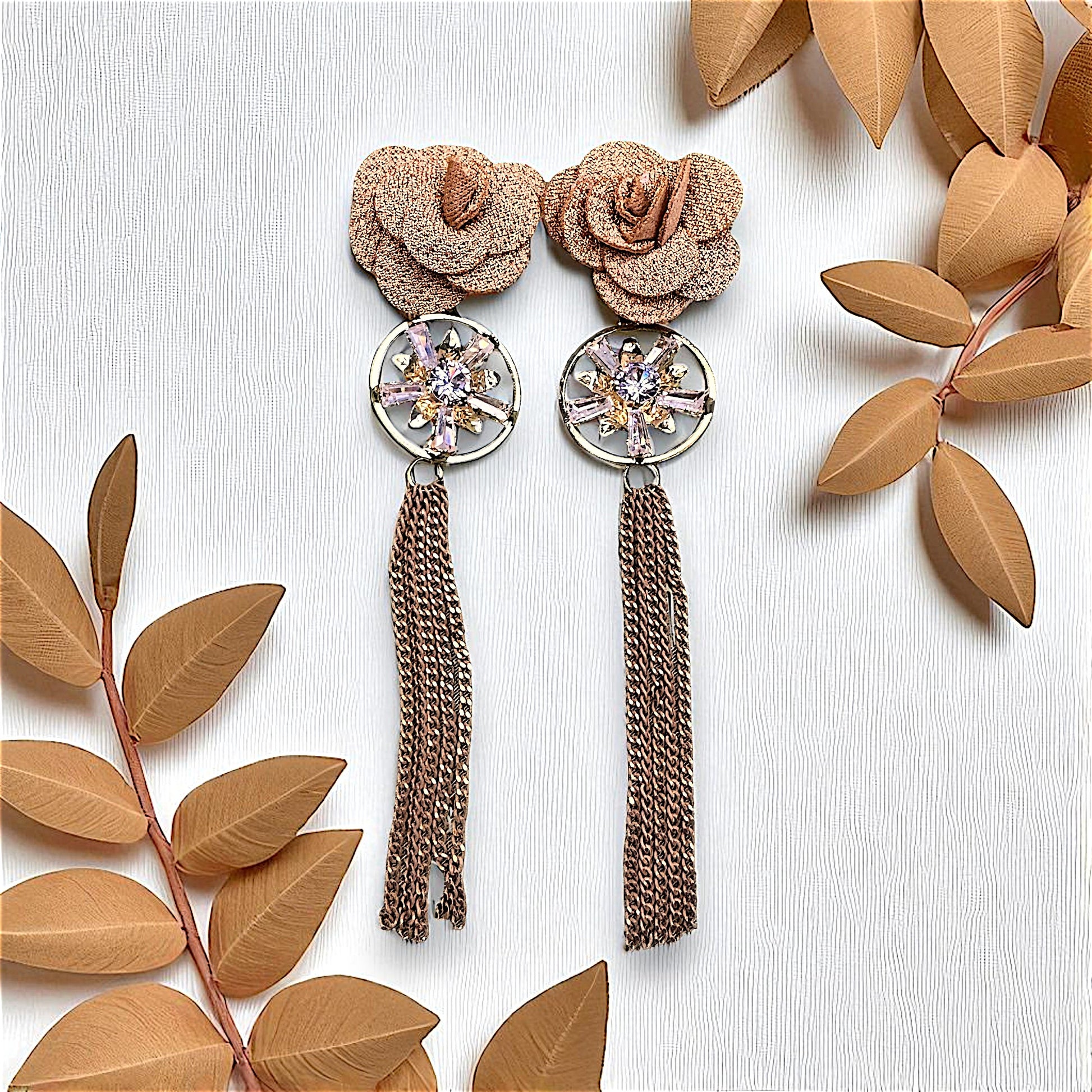 Rose Pattern Danglers Beige Earrings AD Ear Rings Earrings party Trincket Jewellry Jewelry Jewellery
