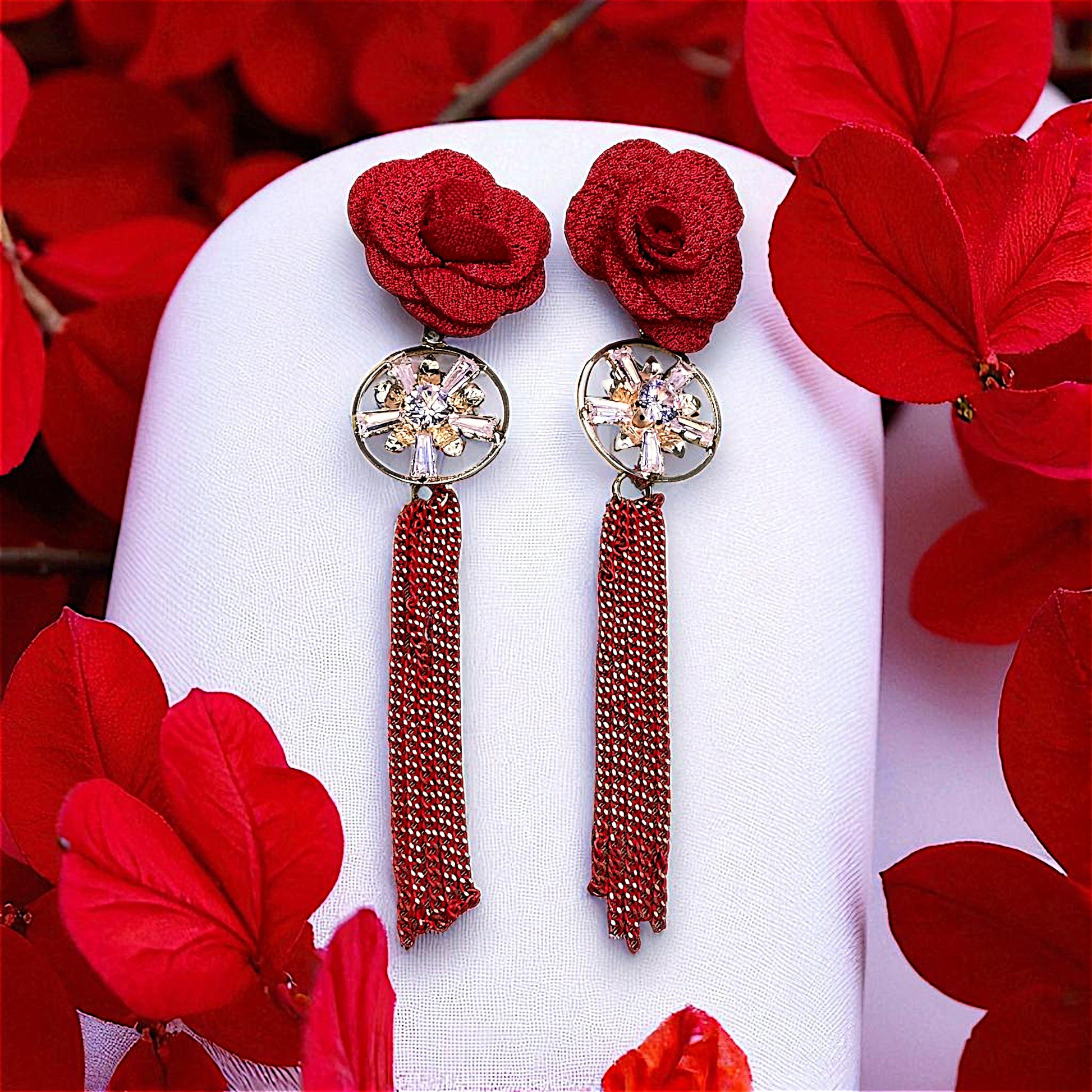 Rose Pattern Danglers Red Earrings AD Ear Rings Earrings party Trincket Jewellry Jewelry Jewellery