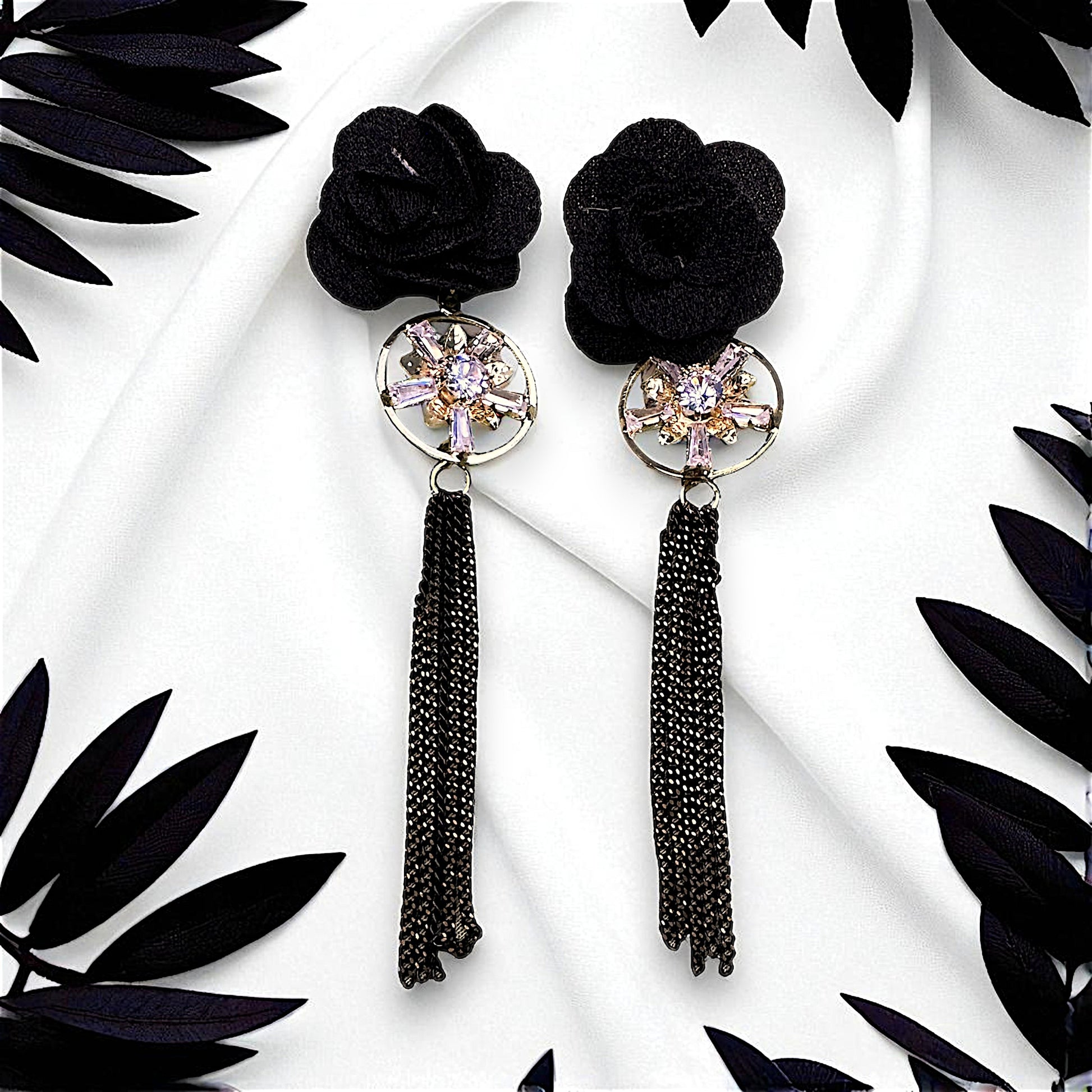 Rose Pattern Danglers Black Earrings AD Ear Rings Earrings party Trincket Jewellry Jewelry Jewellery