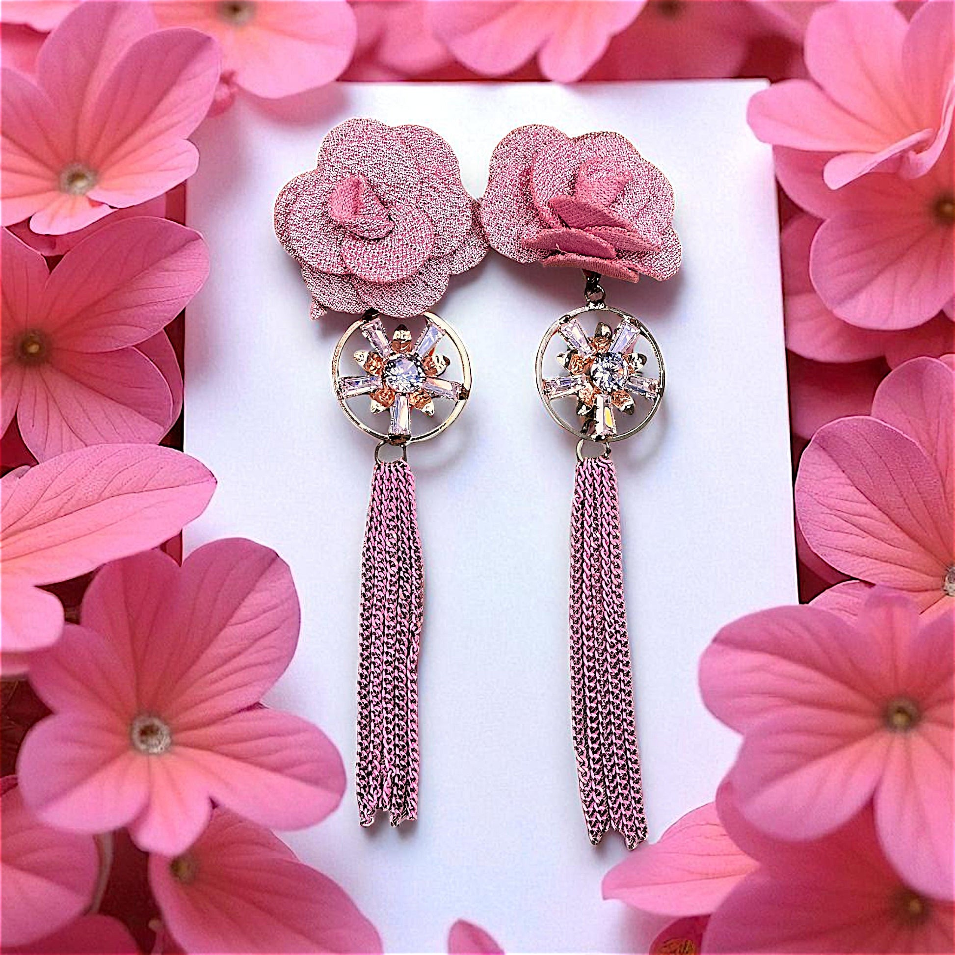 Rose Pattern Danglers Pink Earrings AD Ear Rings Earrings party Trincket Jewellry Jewelry Jewellery