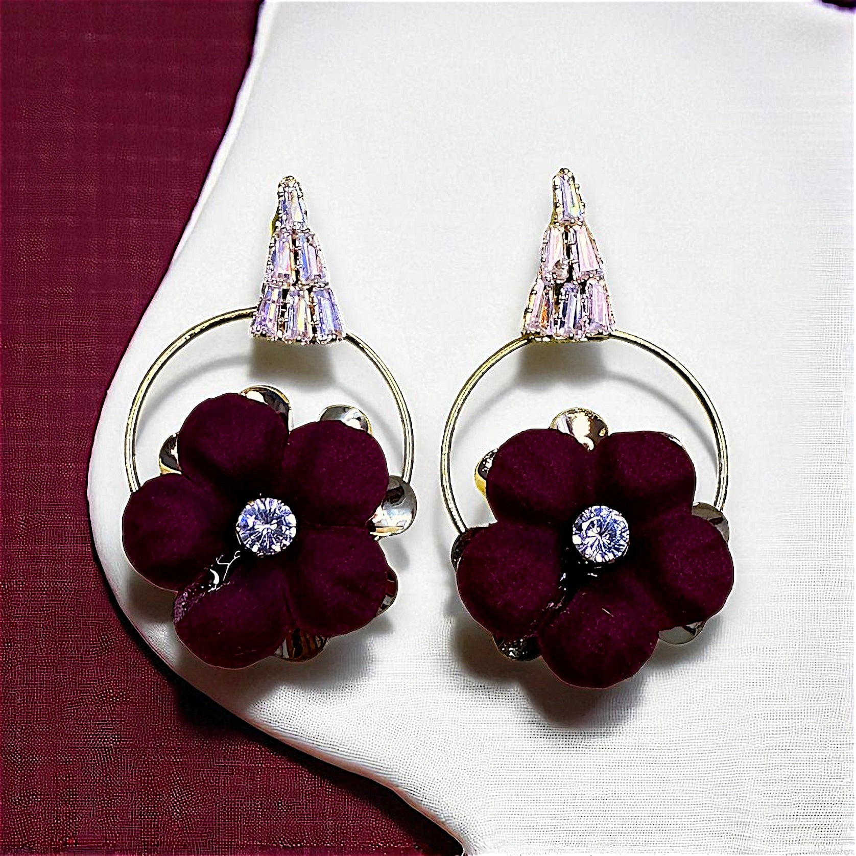 Velvet Flower Earrings wine Earrings AD Ear Rings Earrings party Trincket Jewellry Jewelry Jewellery