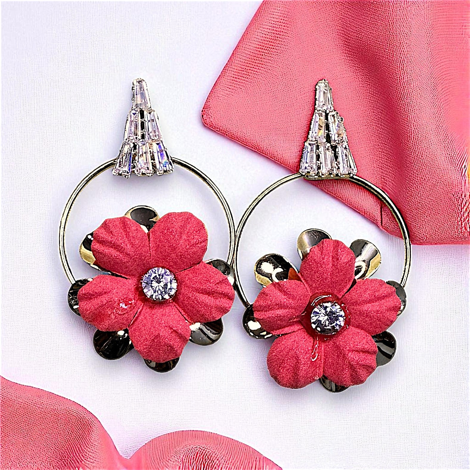 Velvet Flower Earrings Dark Pink Earrings AD Ear Rings Earrings party Trincket Jewellry Jewelry Jewellery