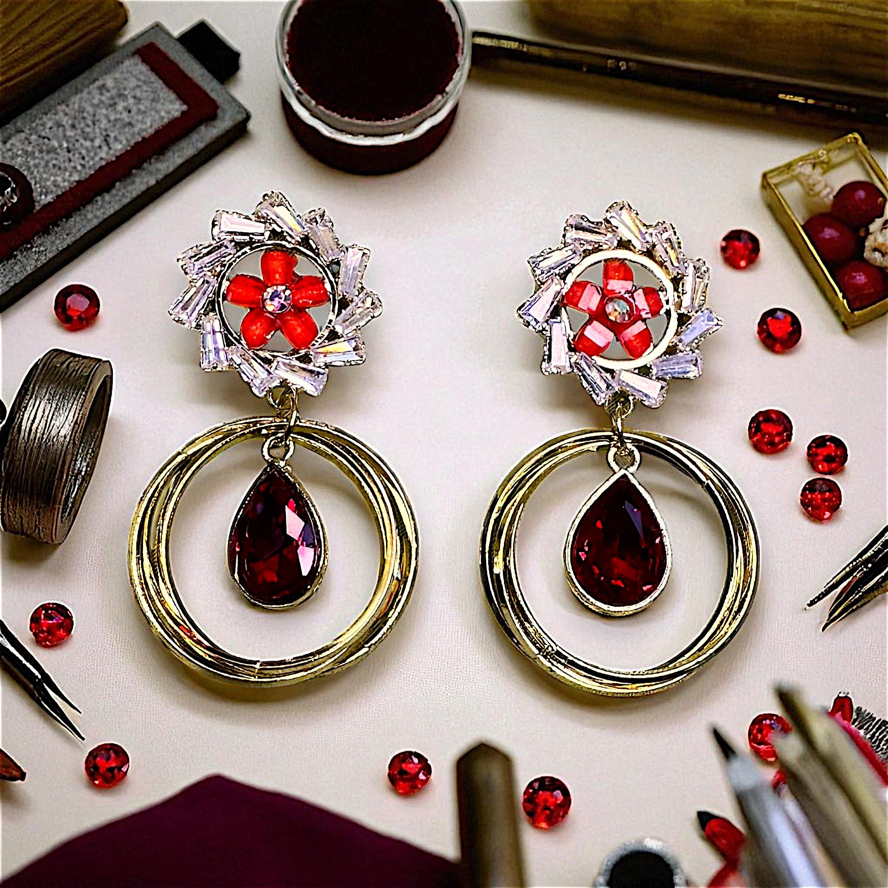 Flower Pattern Glass Stone Earrings Red Earrings AD Ear Rings Earrings party Trincket Jewellry Jewelry Jewellery