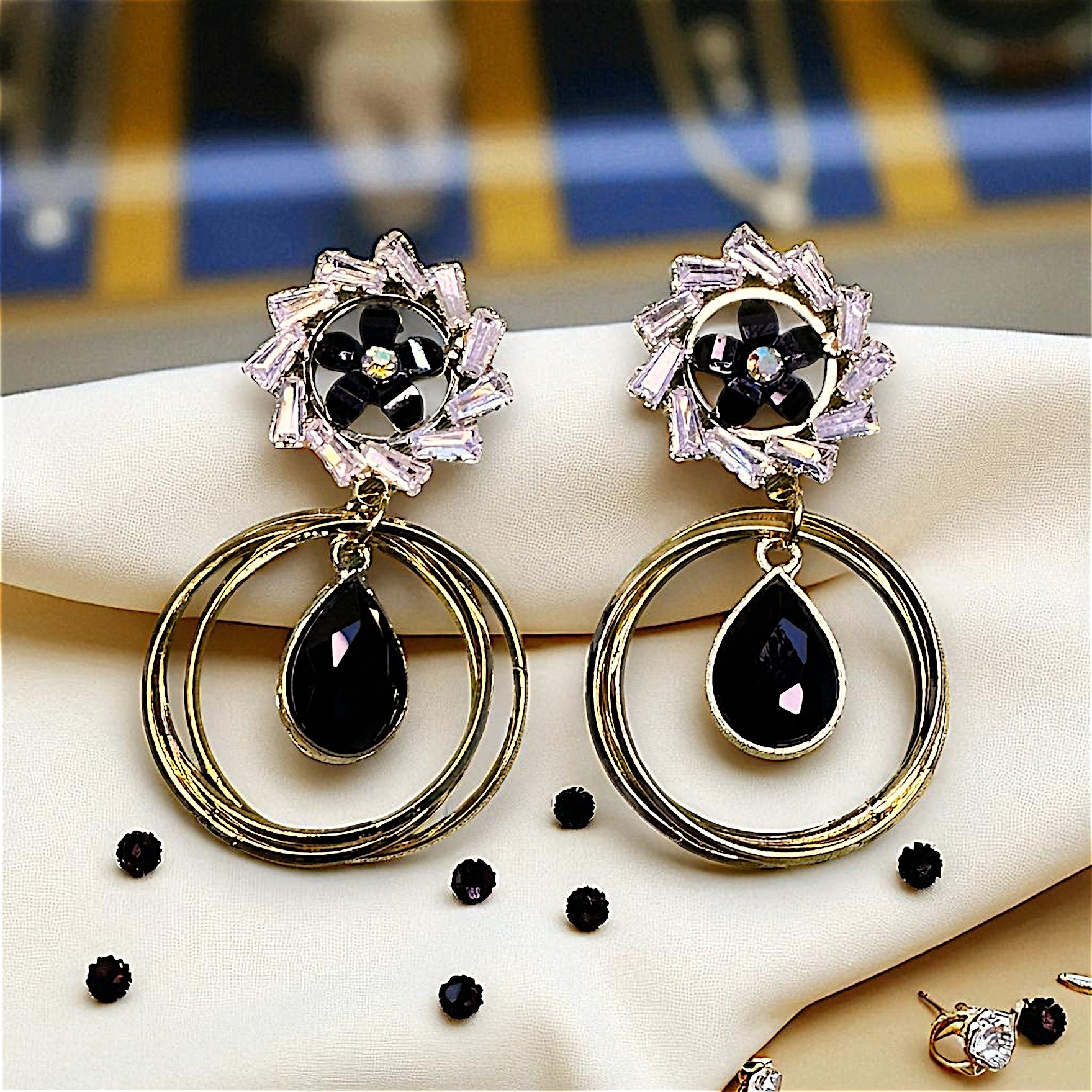 Flower Pattern Glass Stone Earrings Black Earrings AD Ear Rings Earrings party Trincket Jewellry Jewelry Jewellery