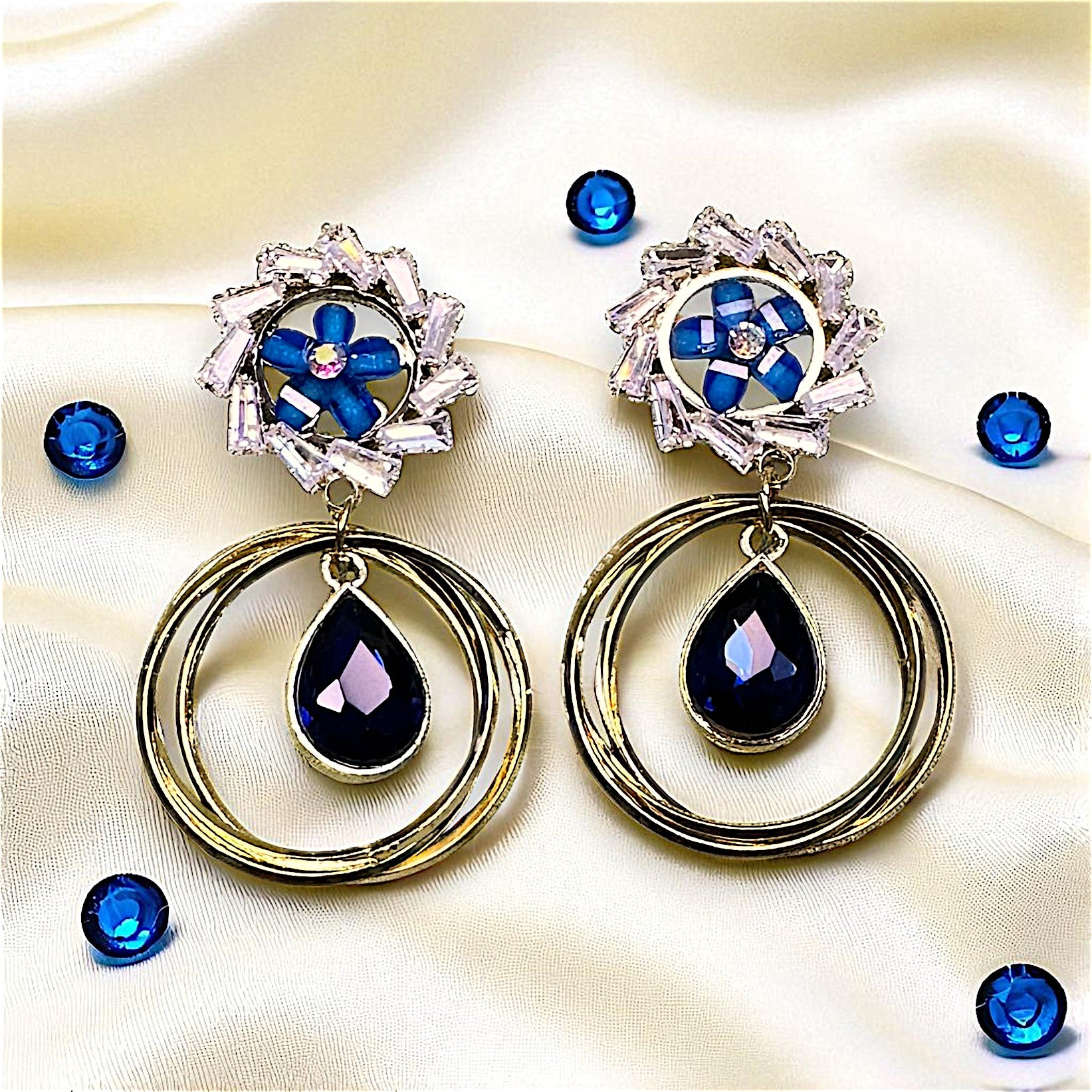 Flower Pattern Glass Stone Earrings Blue Earrings AD Ear Rings Earrings party Trincket Jewellry Jewelry Jewellery