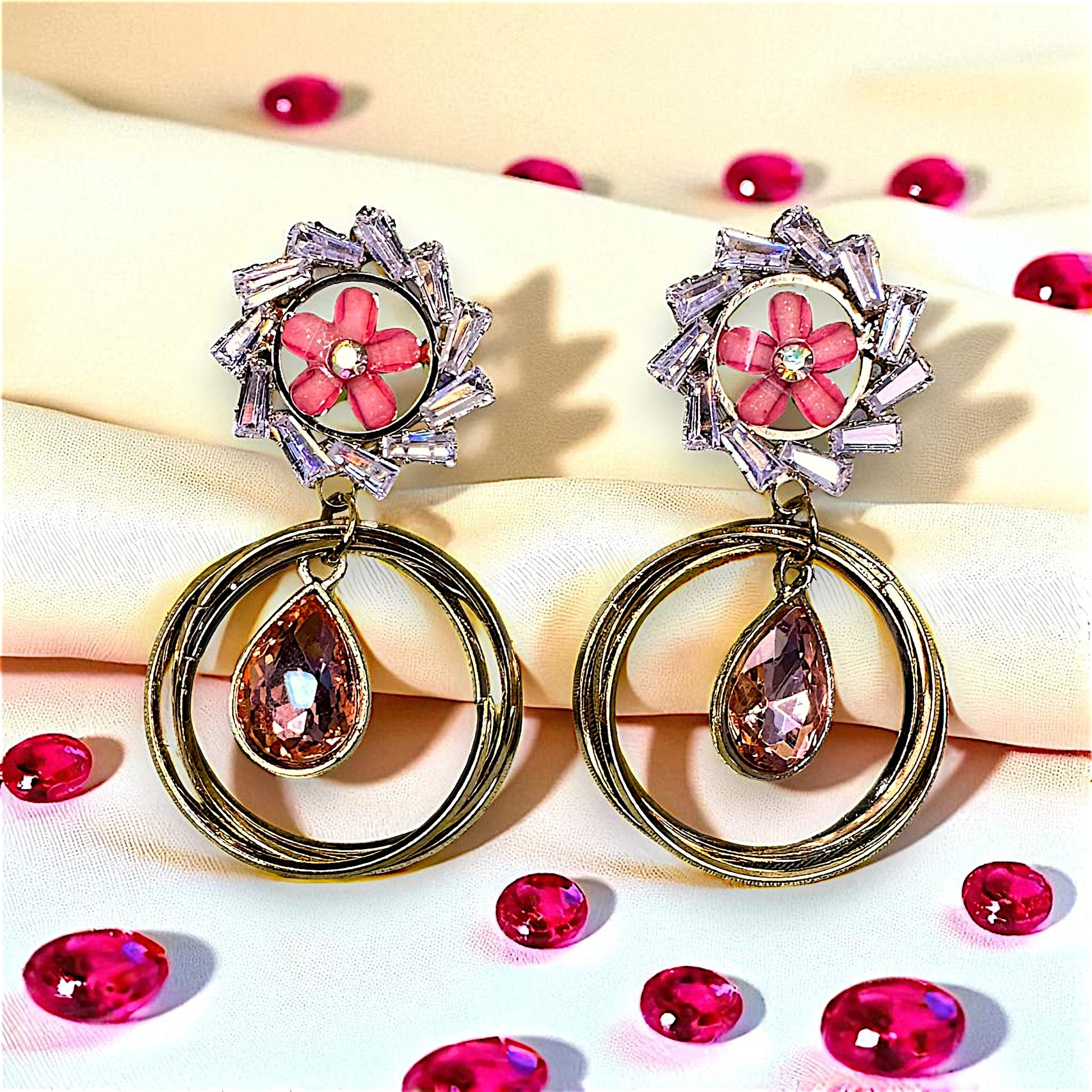 Flower Pattern Glass Stone Earrings Pink Earrings AD Ear Rings Earrings party Trincket Jewellry Jewelry Jewellery