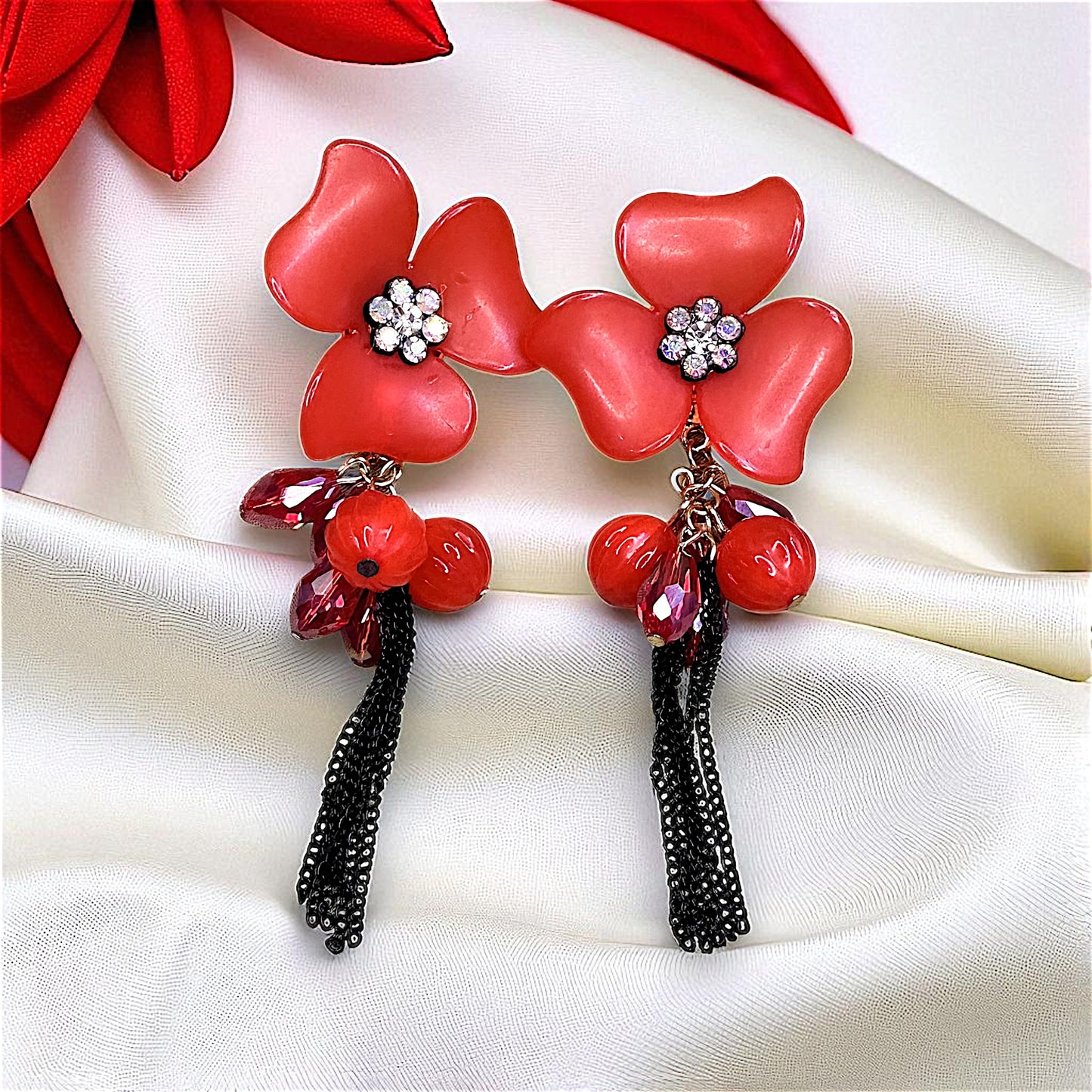 Big flower and Round Bead Earrings Red Earrings bead Ear Rings Earrings party Trincket Jewellry Jewelry Jewellery