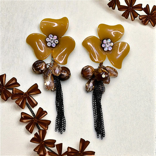 Big flower and Round Bead Earrings Brown Earrings bead Ear Rings Earrings party Trincket Jewellry Jewelry Jewellery
