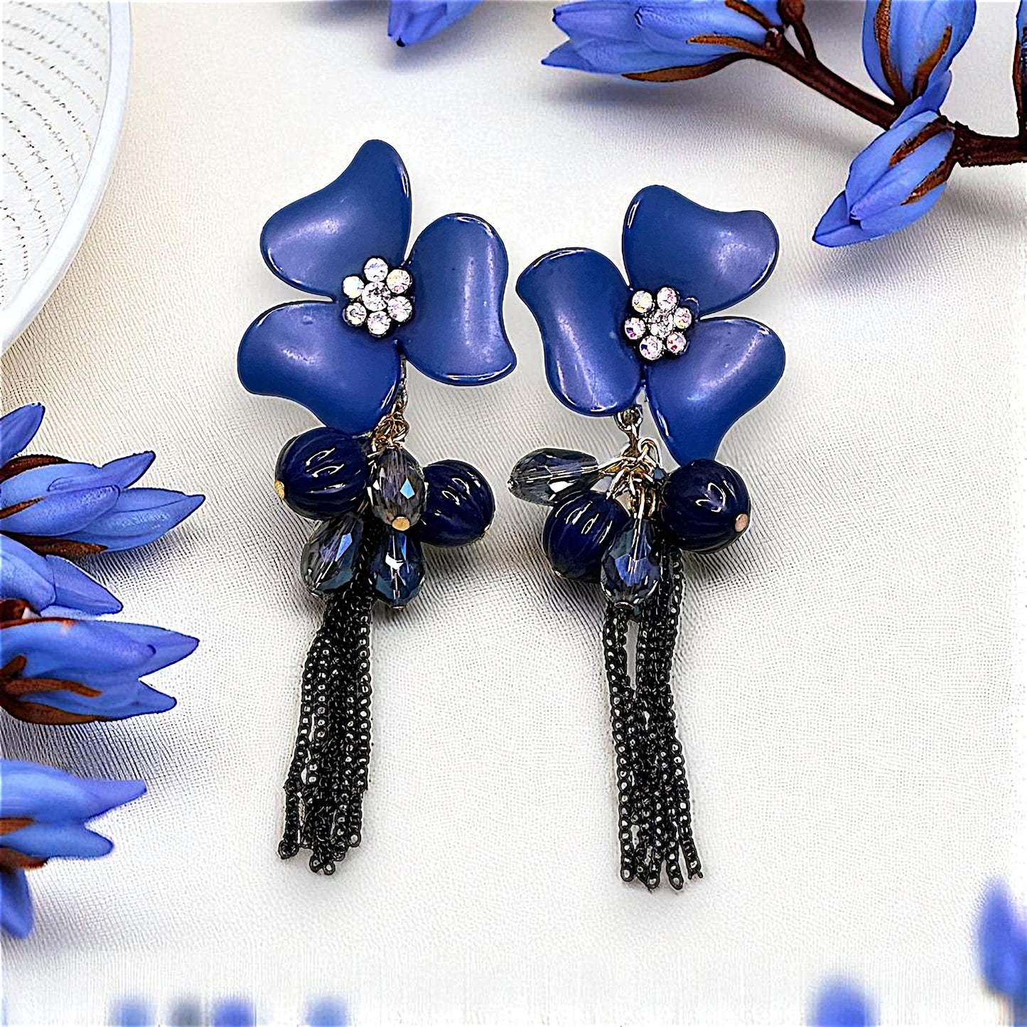 Big flower and Round Bead Earrings Blue Earrings bead Ear Rings Earrings party Trincket Jewellry Jewelry Jewellery