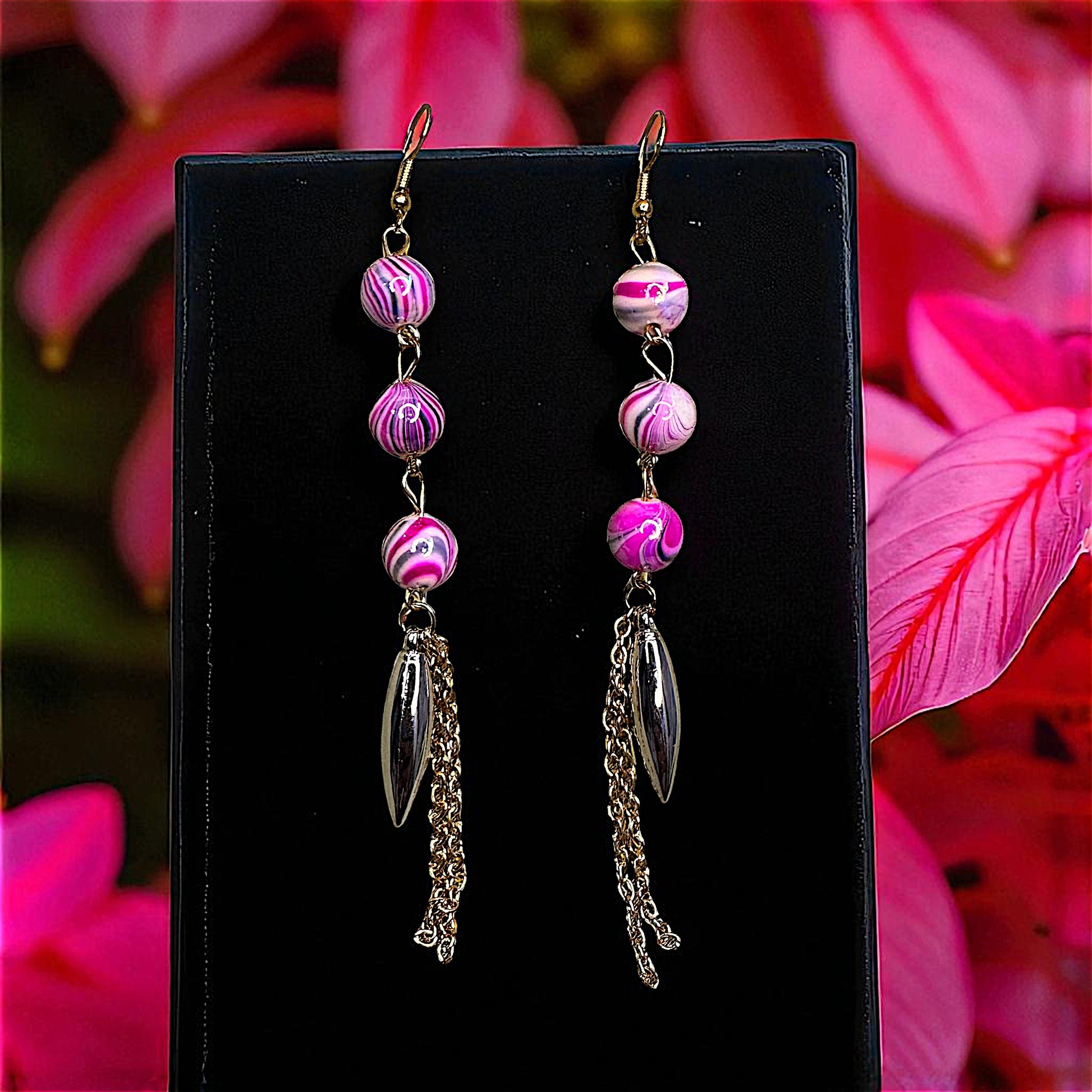 Three Bead Long Dangler Pink Earrings bead casuals Ear Rings Earrings party Trincket Jewellry Jewelry Jewellery
