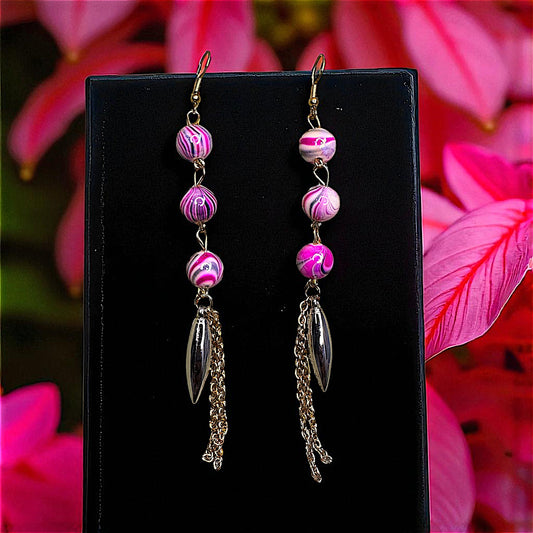 Three Bead Long Dangler Pink Earrings bead casuals Ear Rings Earrings party Trincket Jewellry Jewelry Jewellery