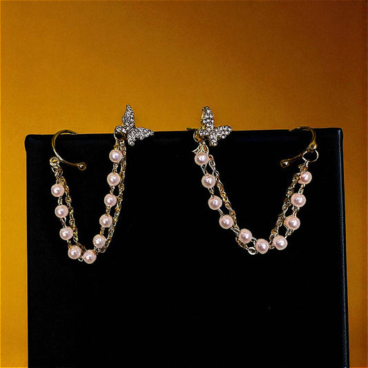 Korean Butterfly Clip-ons with Ear Chain Gold Earrings bead Ear Rings Earrings party Trincket Jewellry Jewelry Jewellery