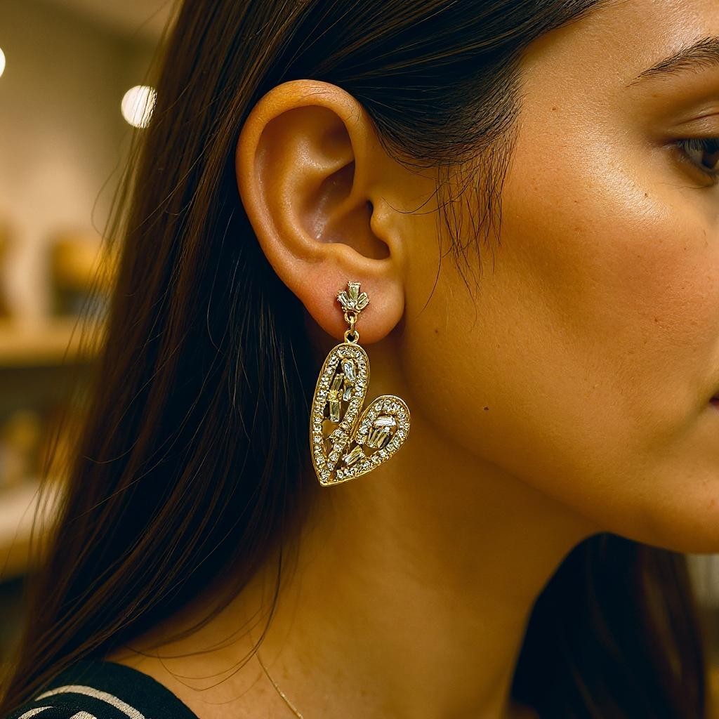 American Diamond Heart Shaped Golden Earrings Earrings AD Ear Rings Earrings party Trincket Jewellry Jewelry Jewellery