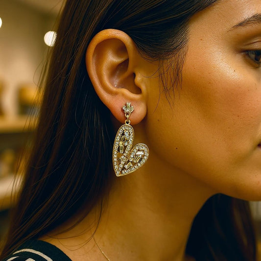 American Diamond Heart Shaped Golden Earrings Earrings AD Ear Rings Earrings party Trincket Jewellry Jewelry Jewellery