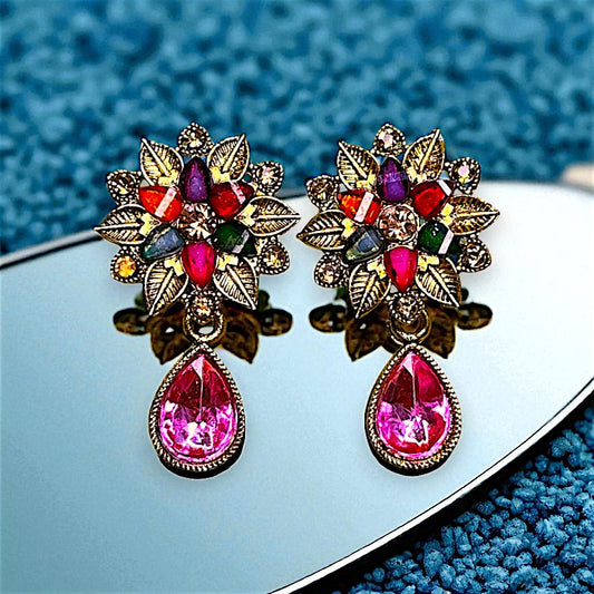 Colored Stones Flower Earrings Pink Earrings casuals Ear Rings Earrings ethnic office party Trincket Jewellry Jewelry Jewellery