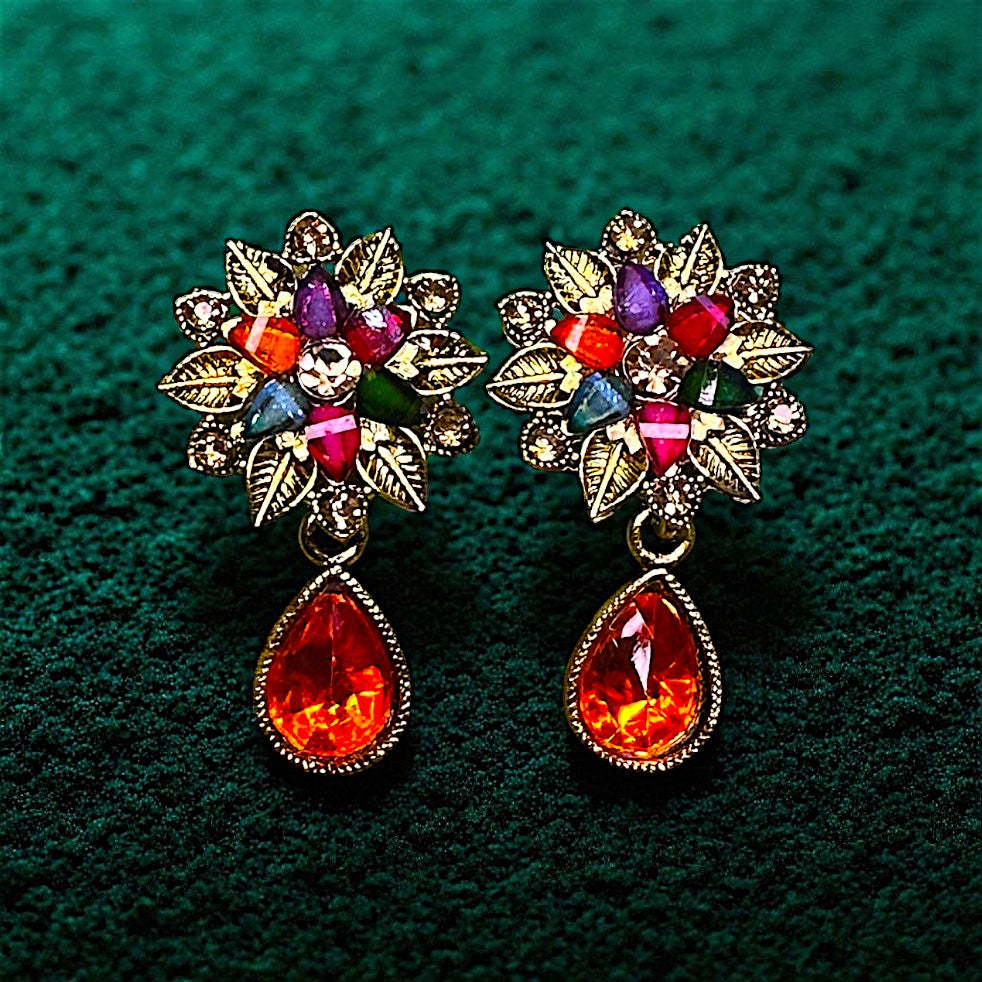 Colored Stones Flower Earrings Orange Earrings casuals Ear Rings Earrings ethnic office party Trincket Jewellry Jewelry Jewellery