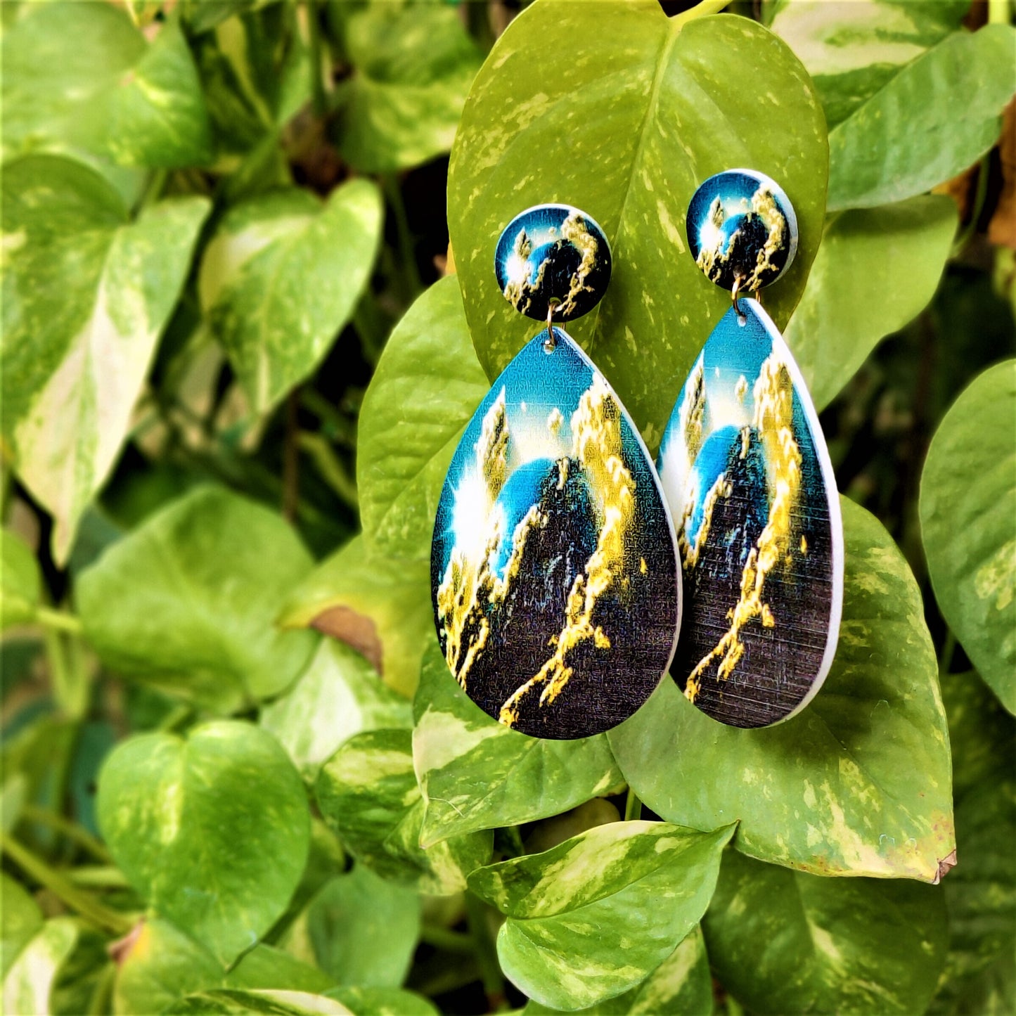 Drop Shaped Wooden Pattern Earrings Blue Earrings casuals Ear Rings Earrings Trincket Jewellry Jewelry Jewellery