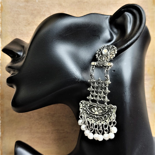 Oxidized half moon check pattern earrings Silver Earrings Ear Rings Earrings ethnic Trincket Jewellry Jewelry Jewellery