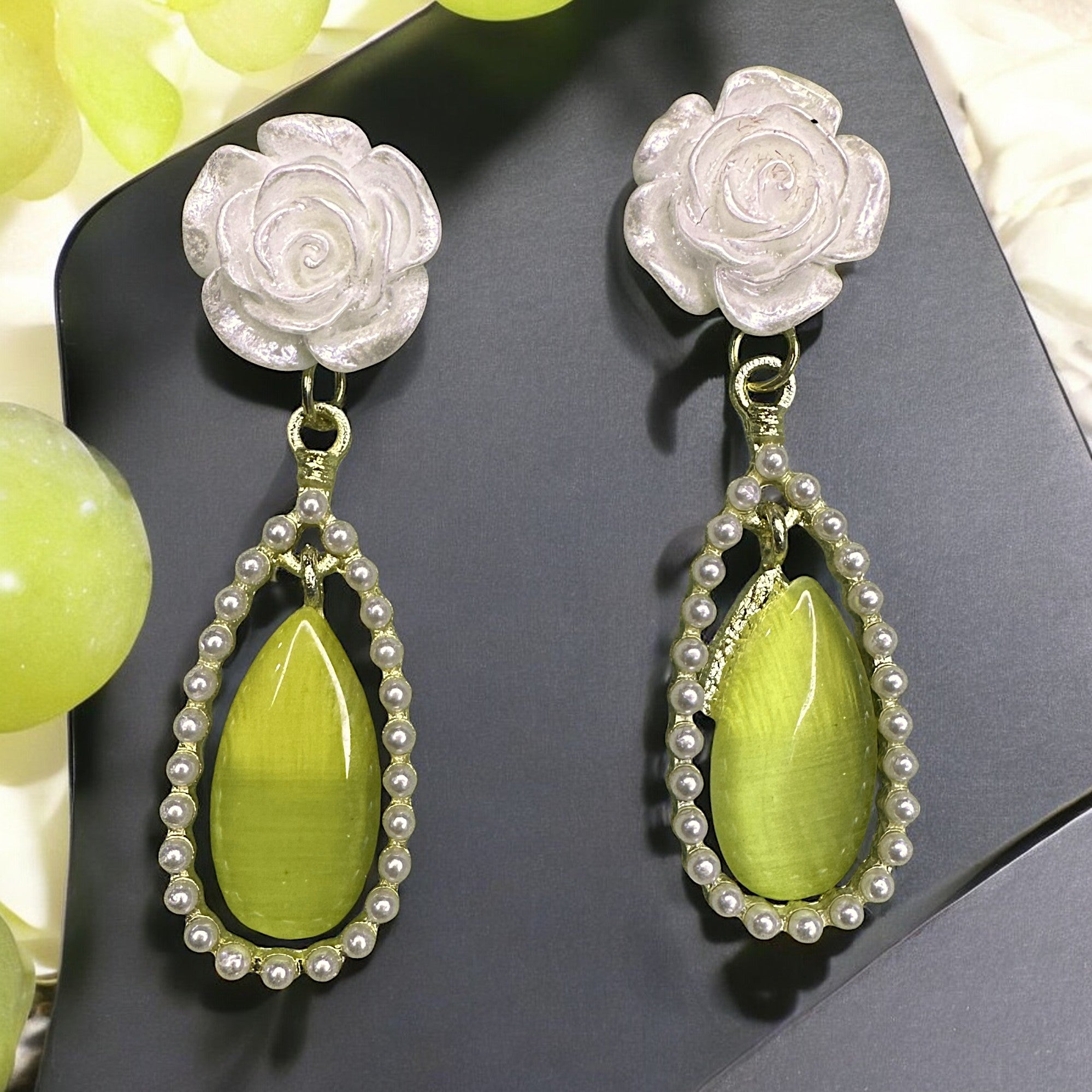 Green Drop Rose Earrings