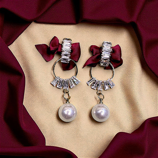 Bow Earrings Maroon Earrings AD Ear Rings Earrings party Trincket Jewellry Jewelry Jewellery
