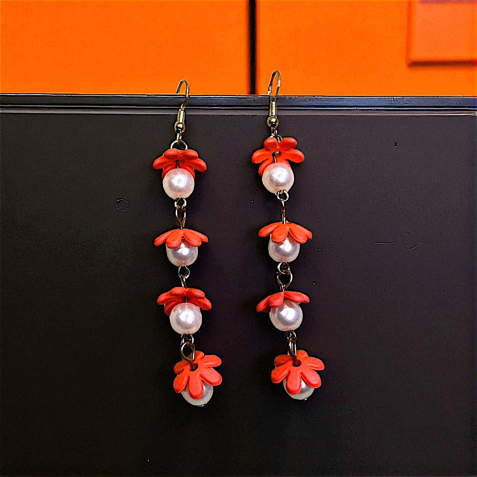 Flower and Bead Dangler Orange Earrings bead casuals Ear Rings Earrings office party Trincket Jewellry Jewelry Jewellery