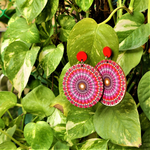 Circular Wooden Pattern Earrings Red Jewelry Ear Rings Earrings Trincket