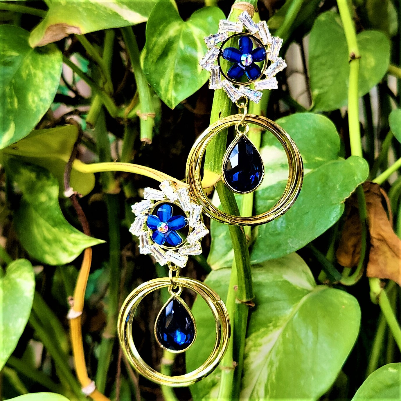 Flower Pattern Glass Stone Earrings Blue Earrings AD Ear Rings Earrings party Trincket Jewellry Jewelry Jewellery