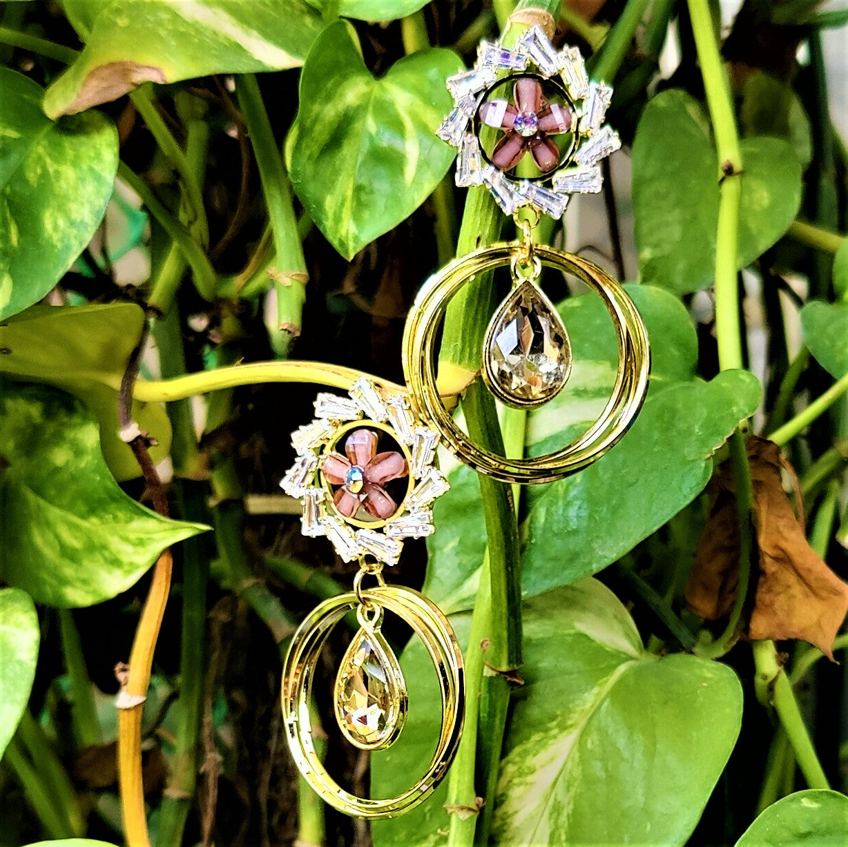 Flower Pattern Glass Stone Earrings Brown Earrings AD Ear Rings Earrings party Trincket Jewellry Jewelry Jewellery